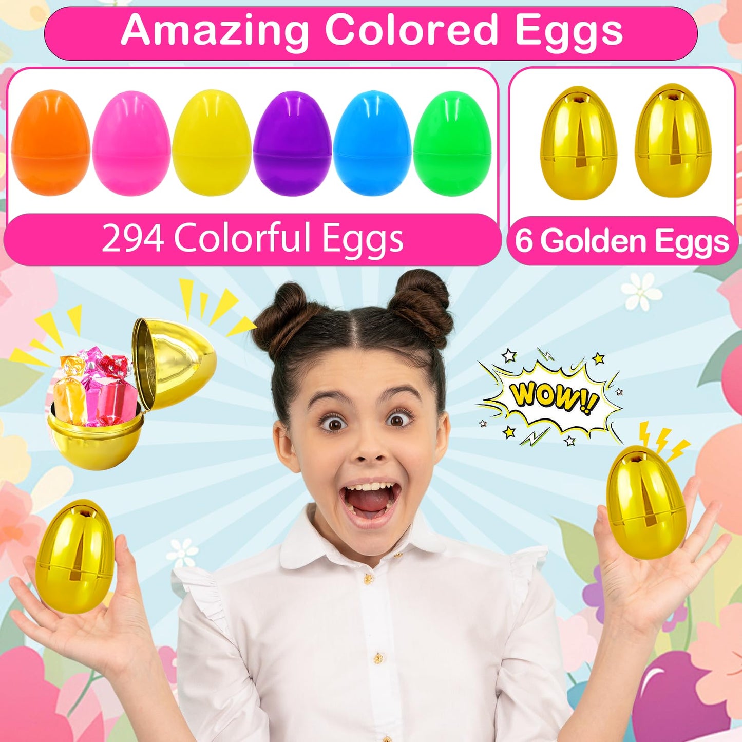PIONJOY [6 Golden Eggs] 300 PCS 2.4" Fillable Plastic Easter Eggs Empty Easter Eggs Colorful Plastic Eggs Bulks for Kids Teens Boys Girls Easter Basket Stuffers Hunt Easter Party Favor