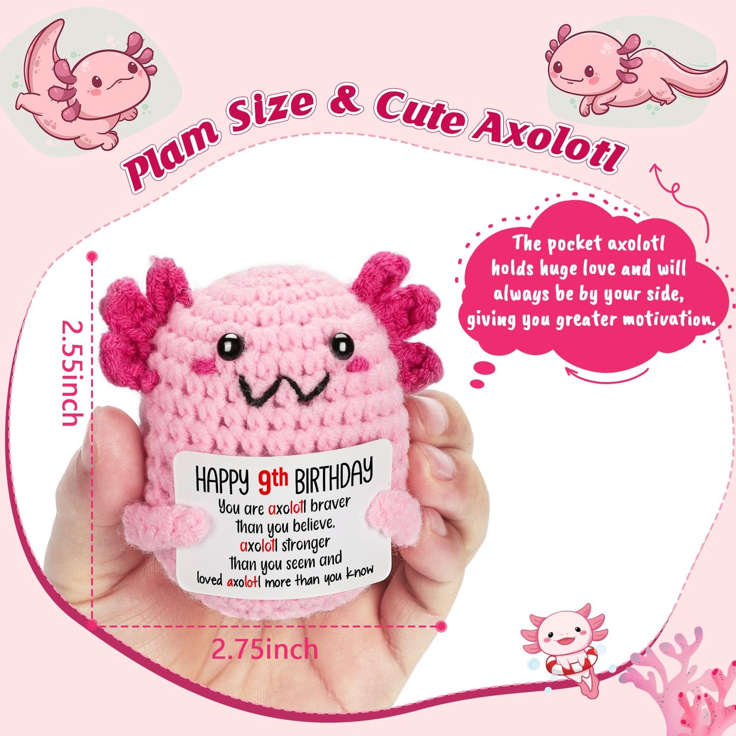 WEYON 9 Year Old Girl Birthday Gift Ideas, Mini Crochet Axolotl Plush for 9th Birthday Gift for Girls, 9th Pink Decorations, 9 YO Presents Axolotl Toy