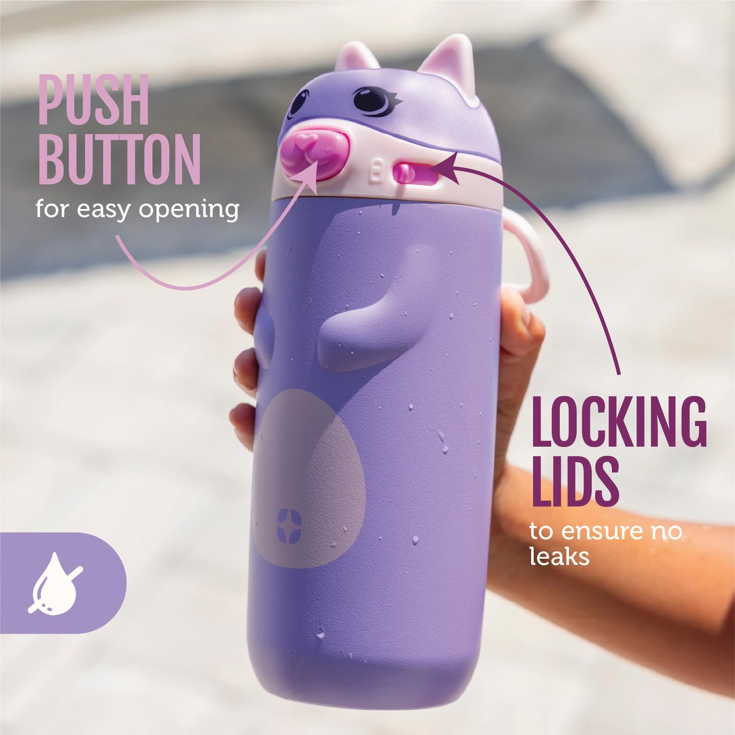 Ello Ellies 12oz Vacuum Insulated Stainless Steel Kids Water Bottle with Straw and Built-in Carrying Handle and Leak-Proof Locking Lid for School Backpack, Lunchbox and Outdoor Sports, Cat