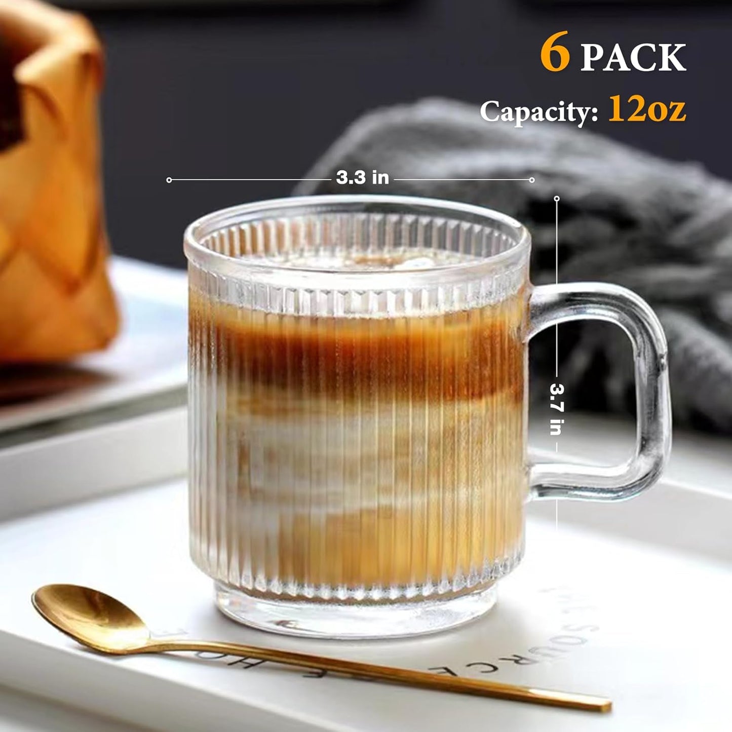 Qipecedm 12 OZ Premium Glass Coffee Mugs - Classic Vertical Stripes | Set of 6 for Hot/Cold Beverages