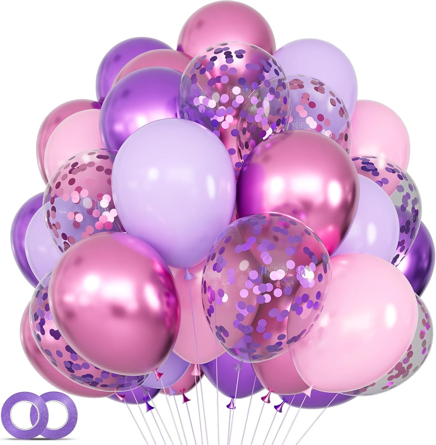 Skiennix 68-Piece Pink & Purple Balloon Set - 12-Inch Metallic Latex Balloons with Ribbons for Parties & Celebrations