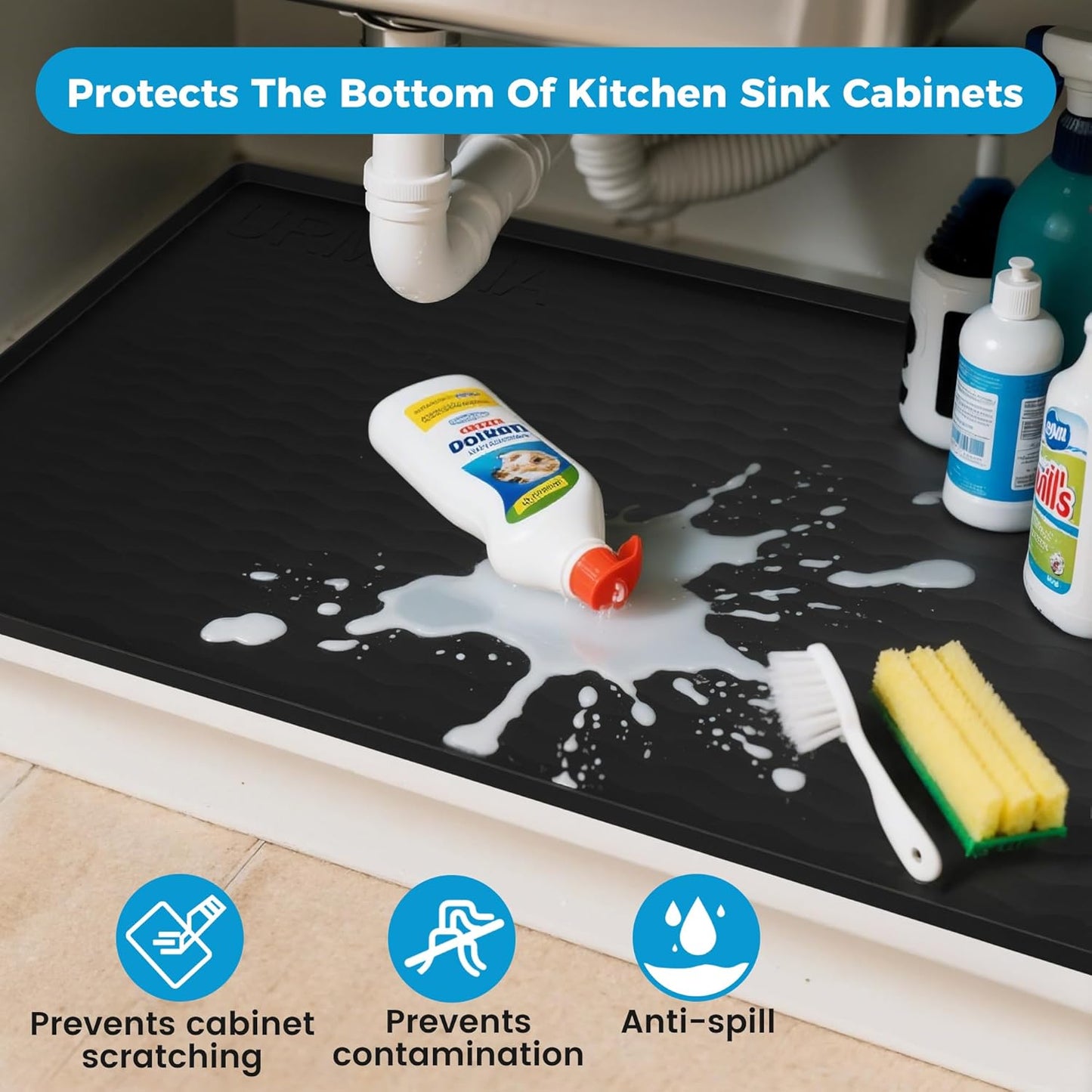 URMONA Waterproof Silicone Under Sink Mat - 25'' x 22'' Kitchen & Bathroom Protector | Black