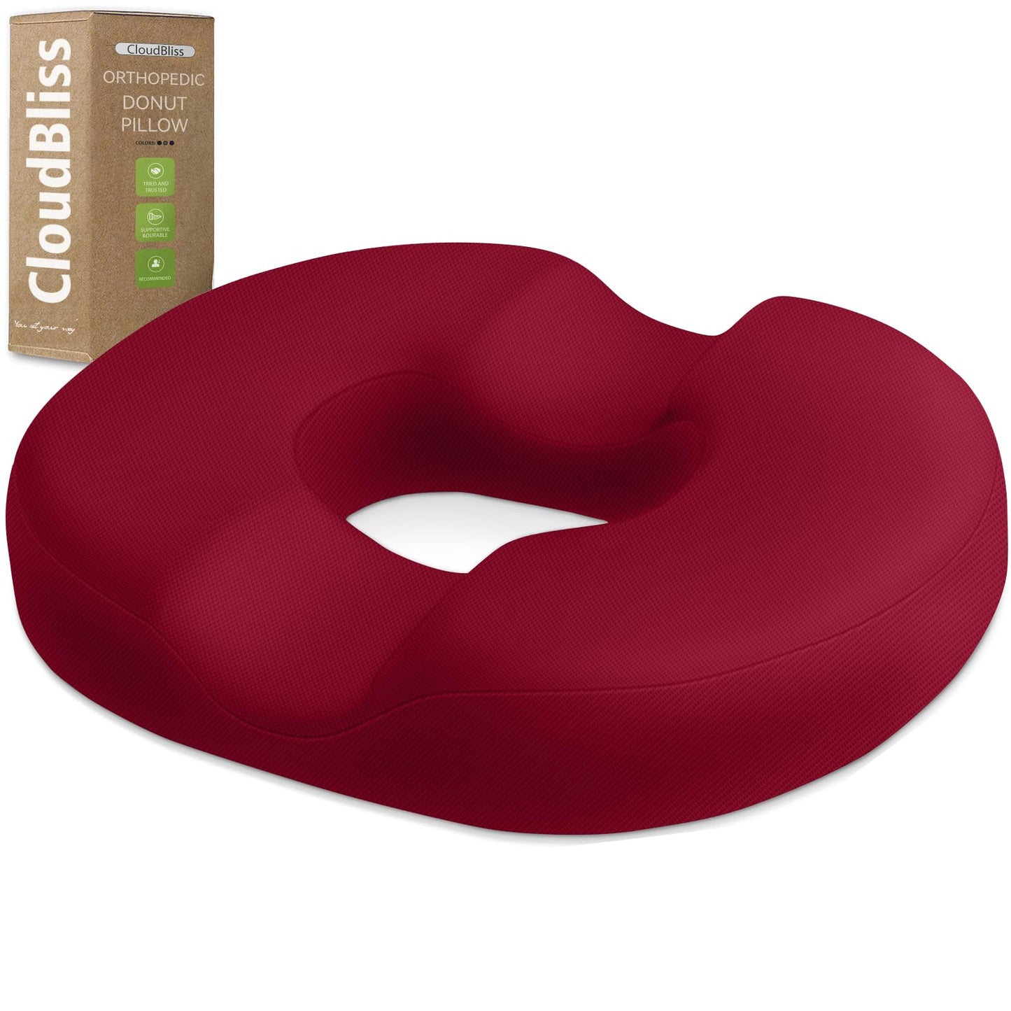 CloudBliss Donut Pillow Seat Cushion Chair Pad for Tailbone Pain Relief and Hemorrhoids, Memory Foam Seat Chair Cushion for Men and Women for Home & Office, (Red-2XL)