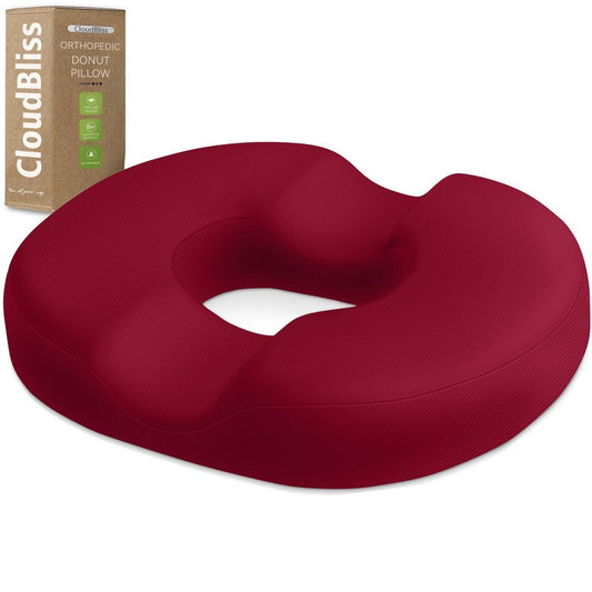CloudBliss Donut Pillow Seat Cushion Chair Pad for Tailbone Pain Relief and Hemorrhoids, Memory Foam Seat Chair Cushion for Men and Women for Home & Office, (Red-2XL)
