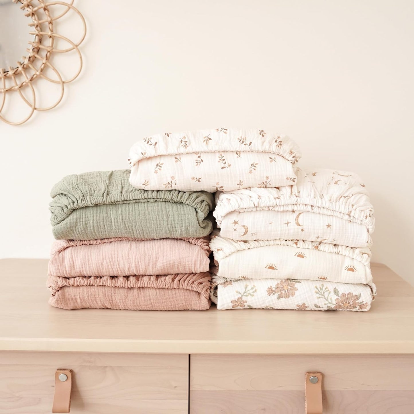 Konssy Muslin Crib Sheets - Soft & Breathable Cotton Baby Sheets for Standard Crib Mattress | 2 PCS (Pink Sun, Khaki Leaf)