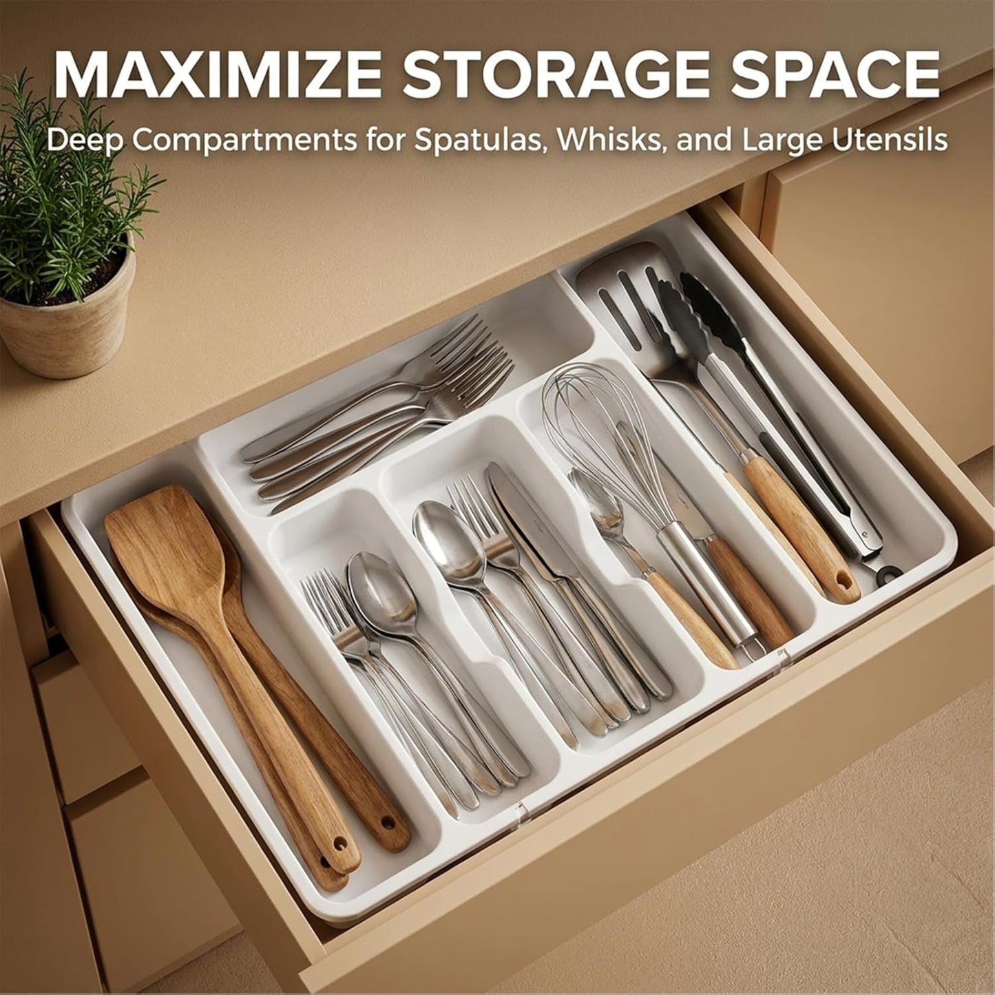 SakerPlus Expandable Drawer Organizer - Adjustable Kitchen Tray for Cutlery & Utensils | Silver Finish