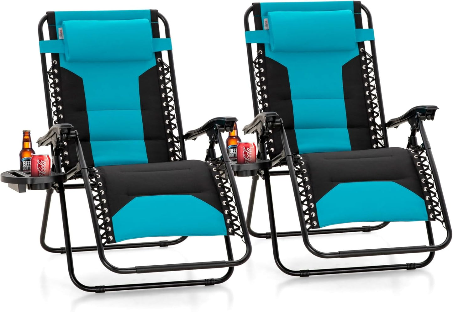 Sophia & William Oversized Zero Gravity Chair Set - Padded Folding Lounge Chairs with Cup Holder, Aqua Blue, 400 LBS Support