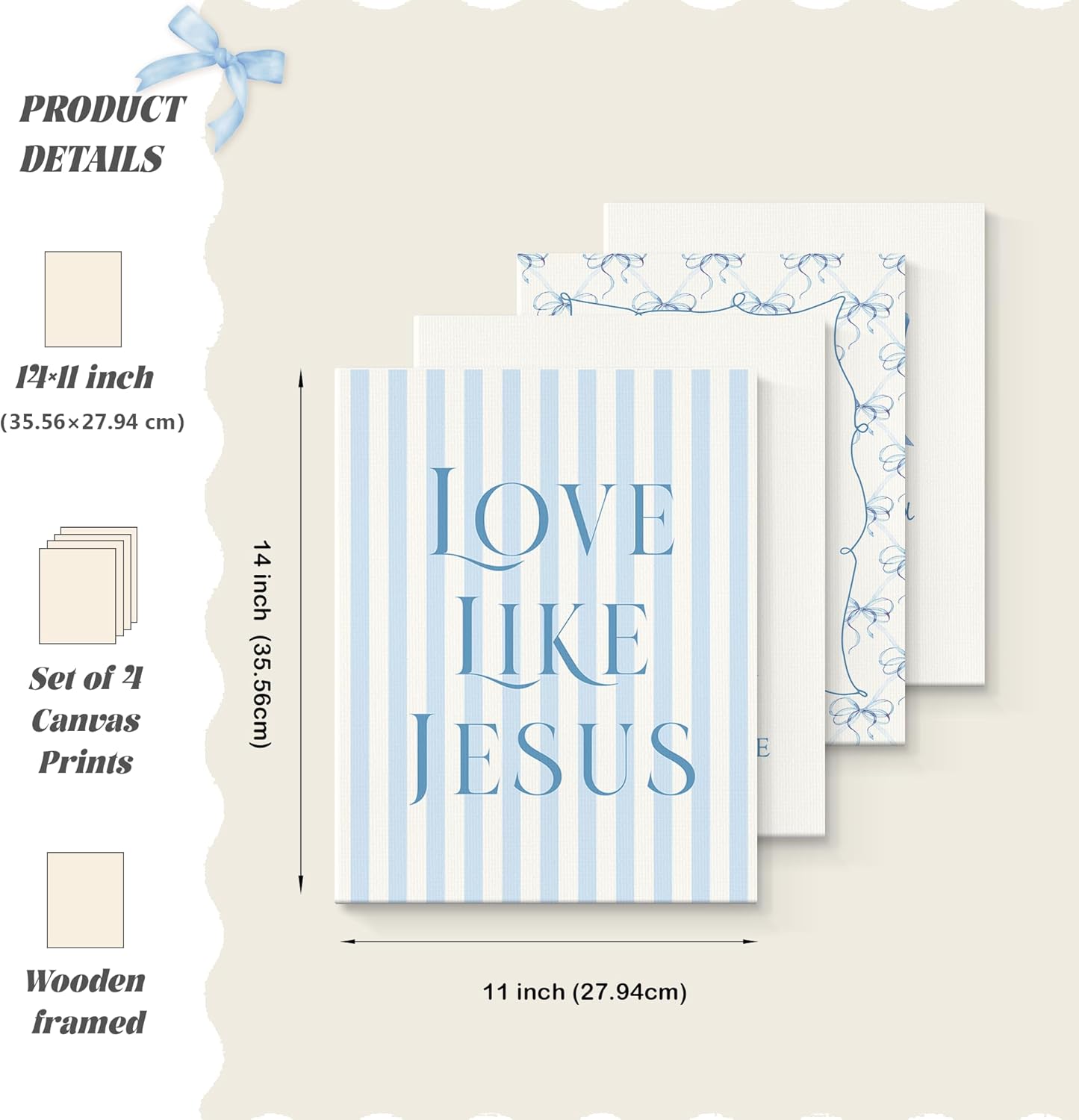 LARTSFRO Coquette Blue Bow Canvas Wall Art - Inspirational Bible Verse Decor | Set of 4, 11x14 Inch