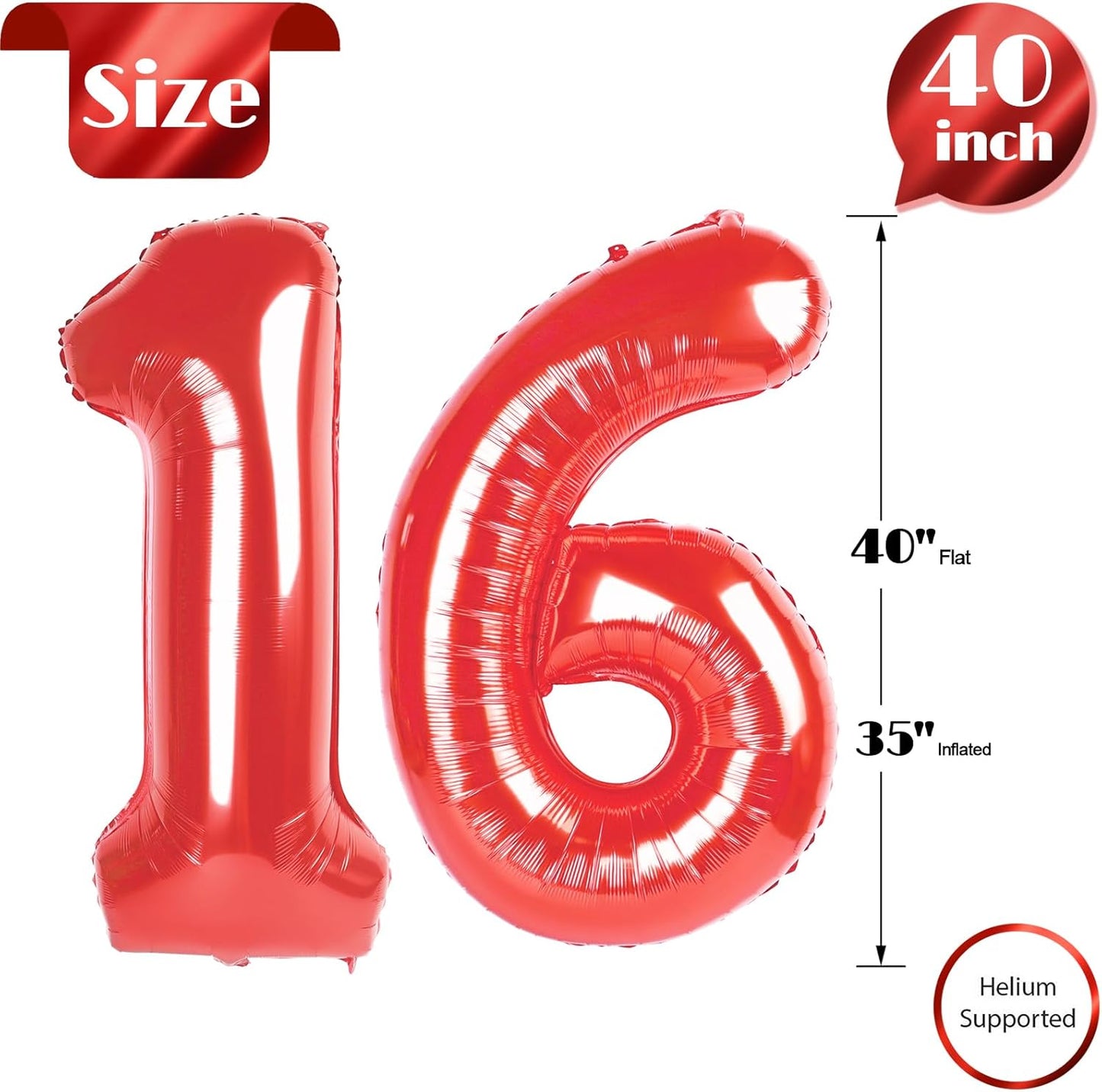 Red Number 16 Balloon - 40 Inch Giant 16th Birthday Decoration for Boys & Girls Party Supplies