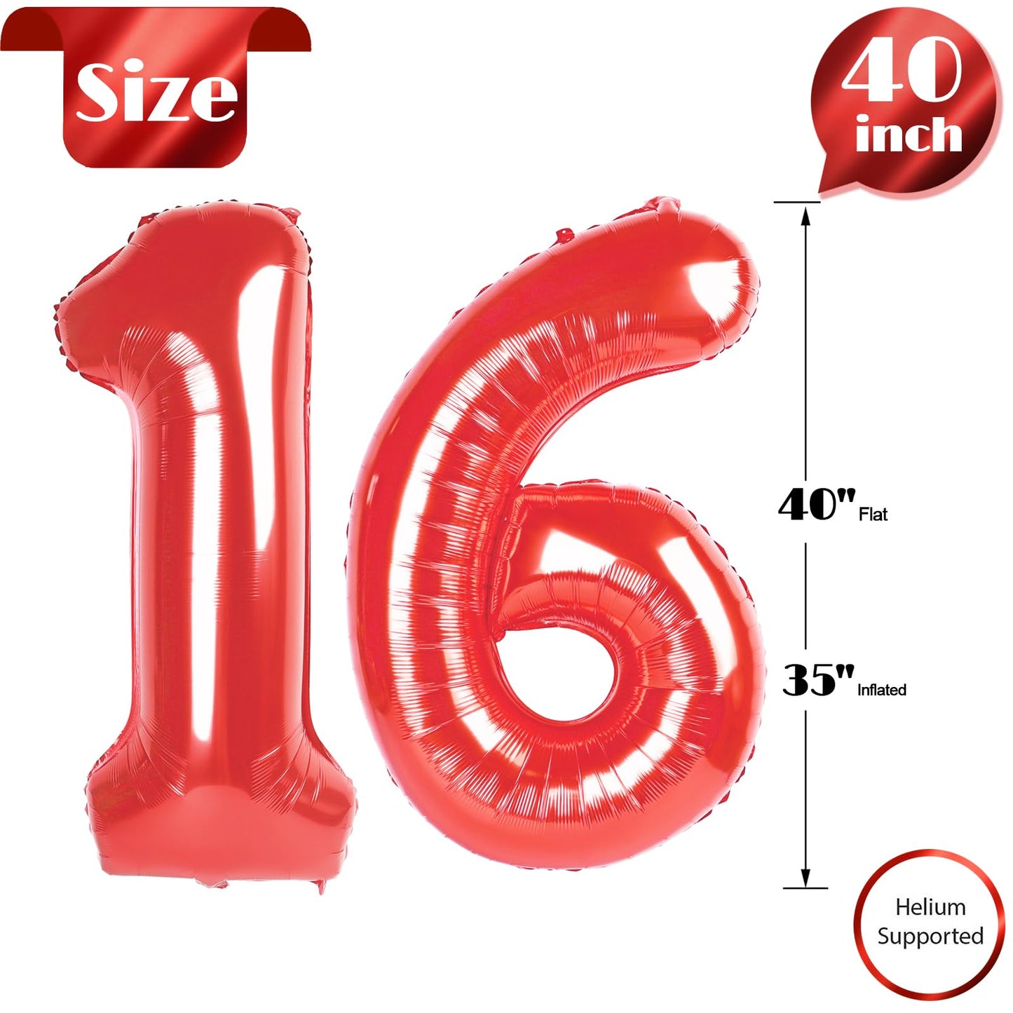 Red Number 16 Balloon 40 inch, 16 Number Balloons, 16th Red Birthday Decorations, 16 Year Old Girls Boys Party Supplies