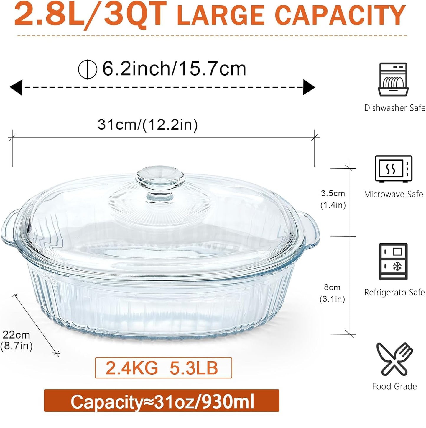 Reasim Glass Casserole Baking Dish - 2.8L/3Qt Oval Dish with Lid | Oven, Freezer & Microwave Safe