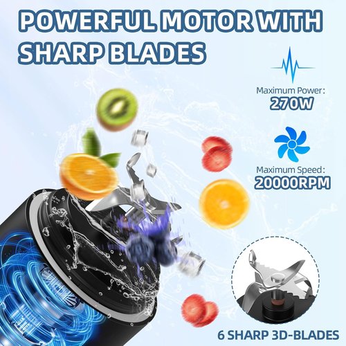 DENOKIN Portable Blender - Cordless 20oz Personal Size Blender for Smoothies & Shakes | Elegant Black with 6 Blades