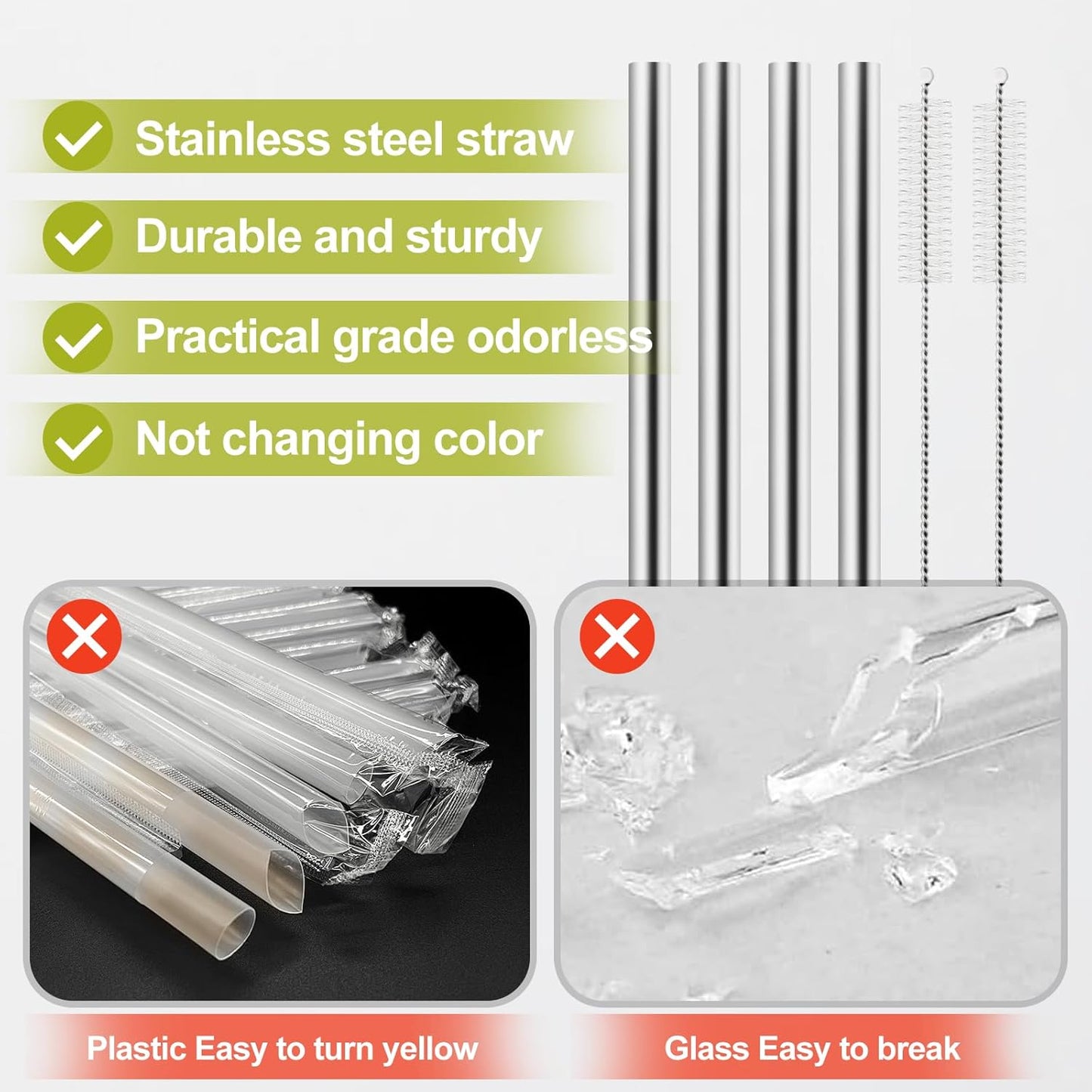 Owala | 6Pcs Metal Straw Replacement Set - Reusable Stainless Steel Straws with 2 Cleaners for 30oz Bottles