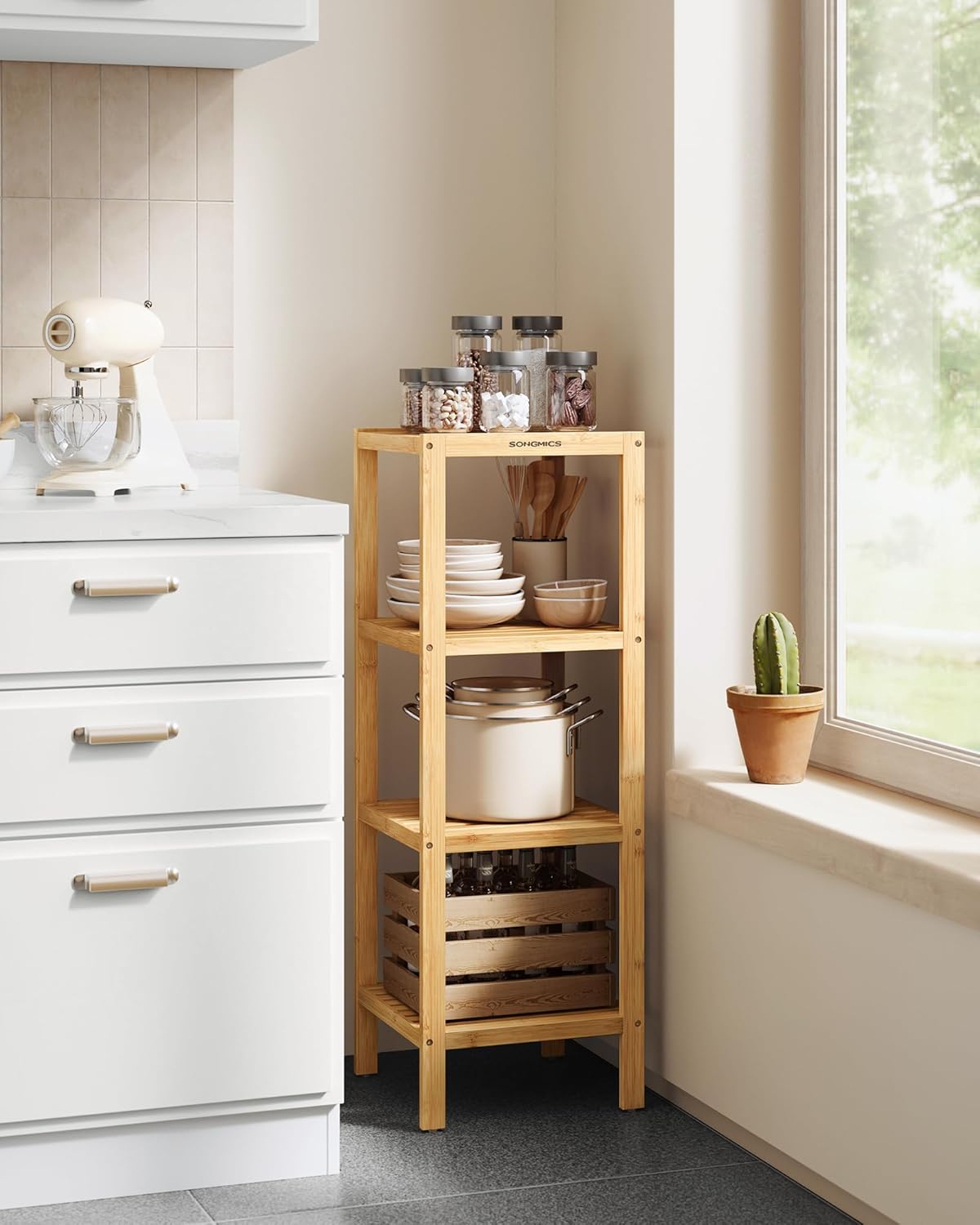 SONGMICS 4-Tier Bamboo Shelf - Versatile Corner Rack for Bathroom, Kitchen, Living Room | Natural UBCB54Y
