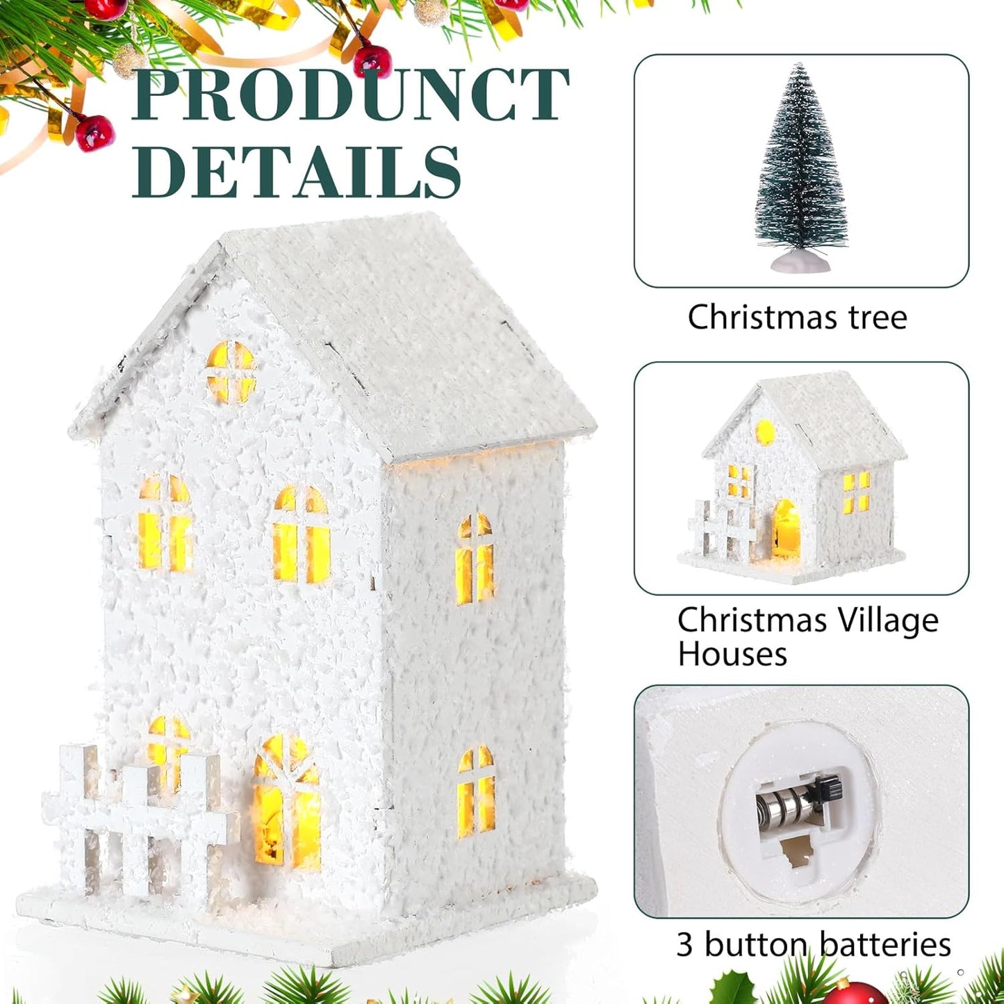 Kajaia Christmas Winter Village Set - 12 Houses with LED Lights & Trees | Cute White Figurines