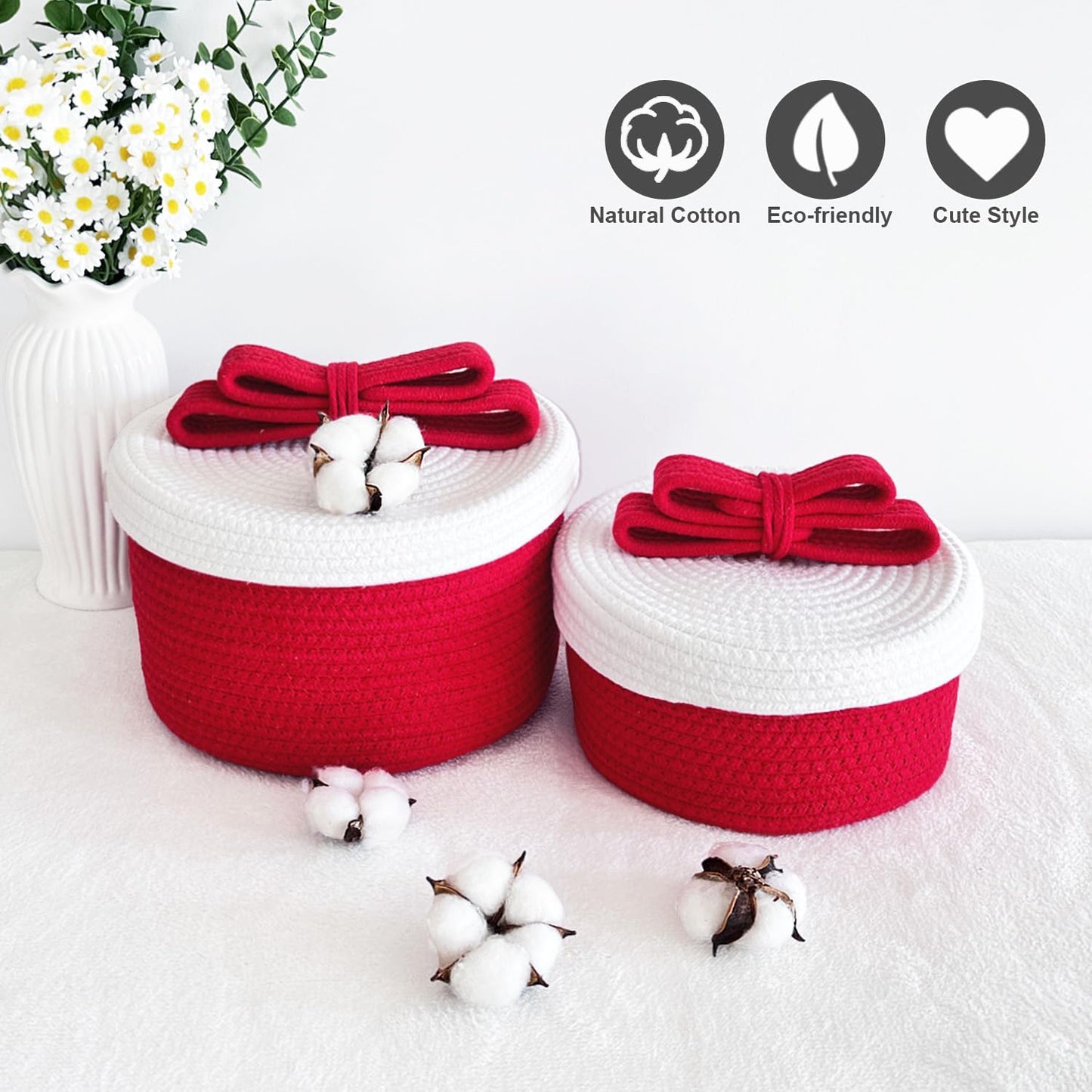 Skiennix Round Woven Rope Storage Basket - Cute Lid & Bow Handle - Ideal for Toys & Home Decor - Red