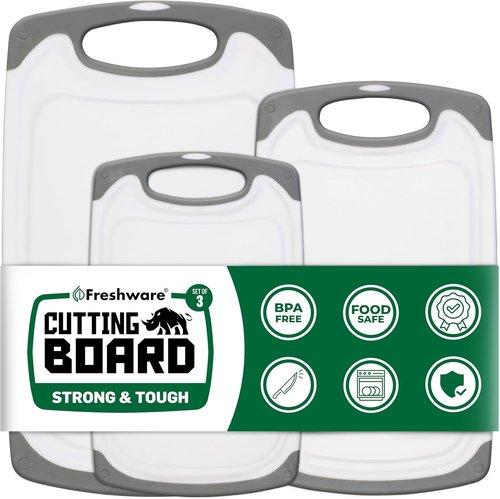 Freshware Cutting Boards - 3-Pack Kitchen Chopping Boards with Juice Grooves & Non-Slip Handles | Reversible, Dishwasher Safe - Gray
