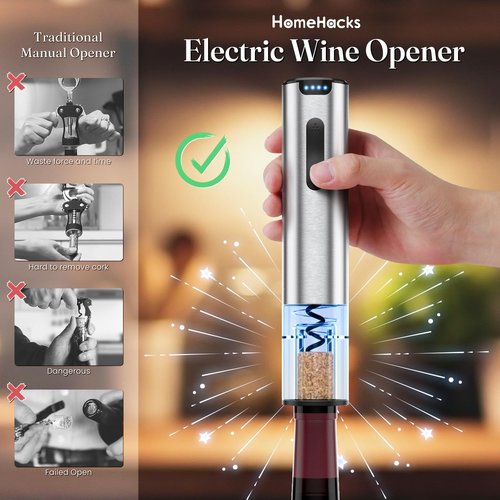 HomeHacks Electric Wine Opener, Automatic Wine Opener with Foil Cutter, Vacuum Stopper, Pourer, Rechargeable Wine Bottle Opener - Party Favor, Christmas Gift for Wine Lover