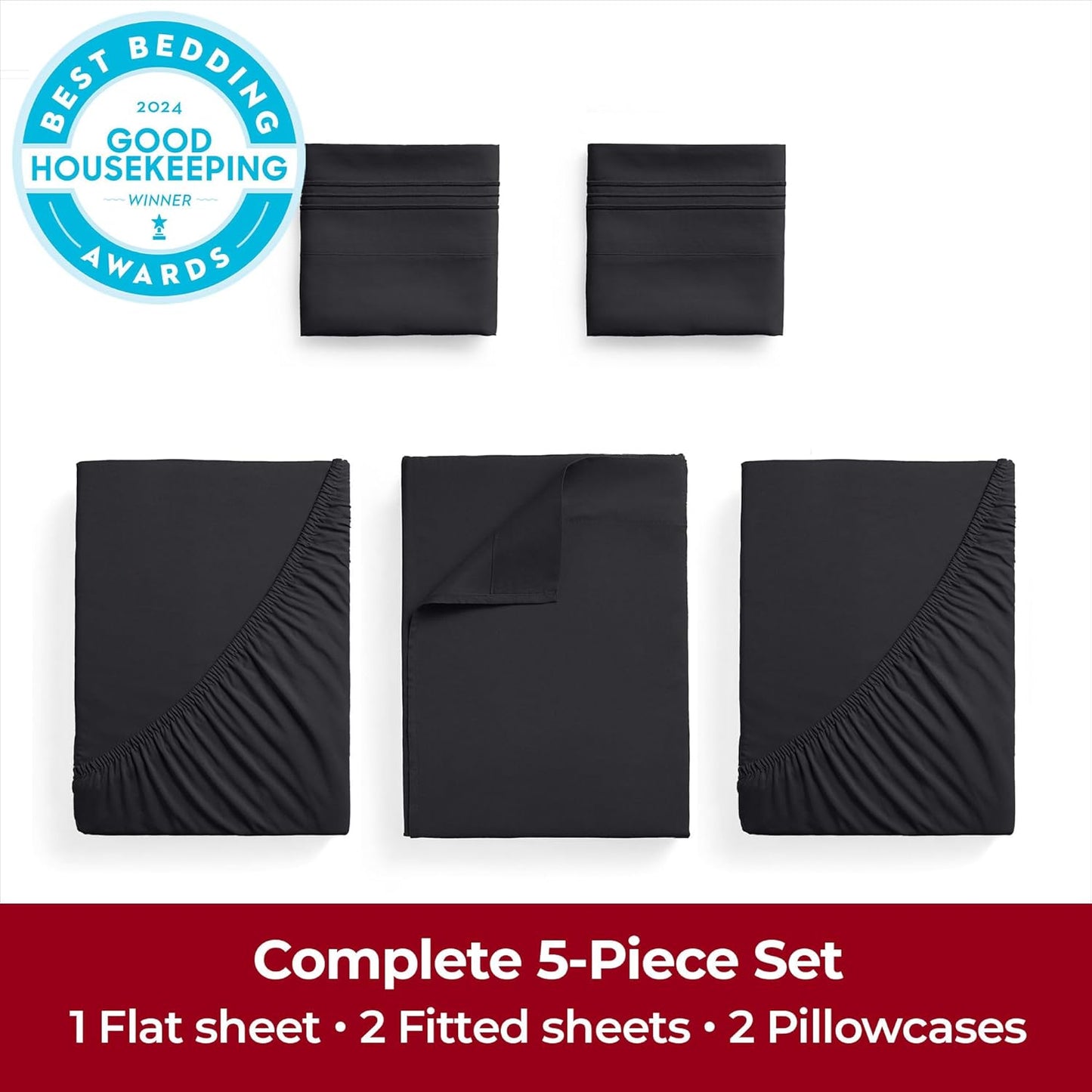 Mellanni Extra Deep Split King Sheets - 5 PC Hotel Luxury Bedding Set | Ultra Soft, Cooling, Wrinkle-Resistant (Black)