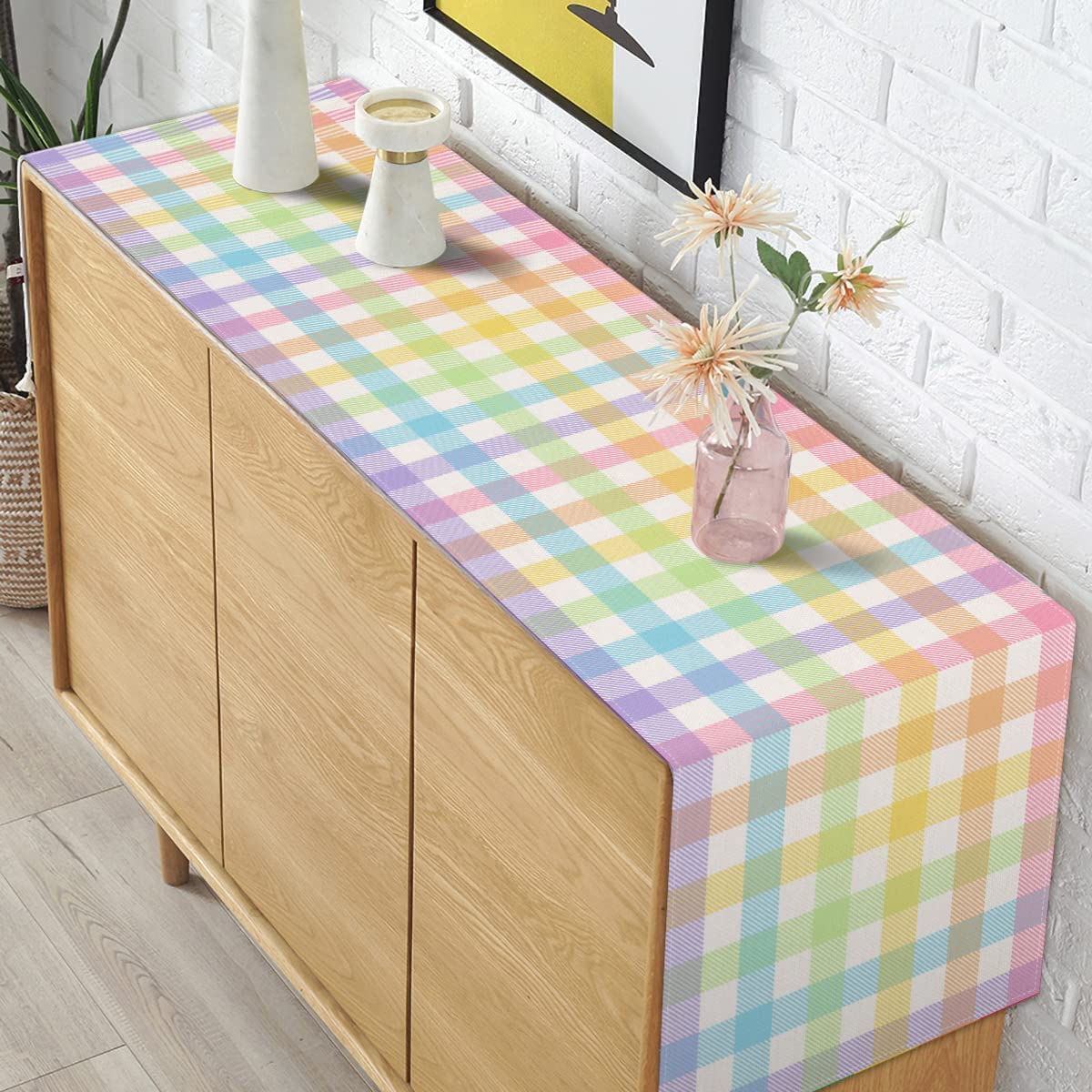 Pudodo Easter Buffalo Plaid Check Table Runner Spring Holiday Farmhouse Fireplace Kitchen Dinning Room Home Party Decoration (13" x 60")