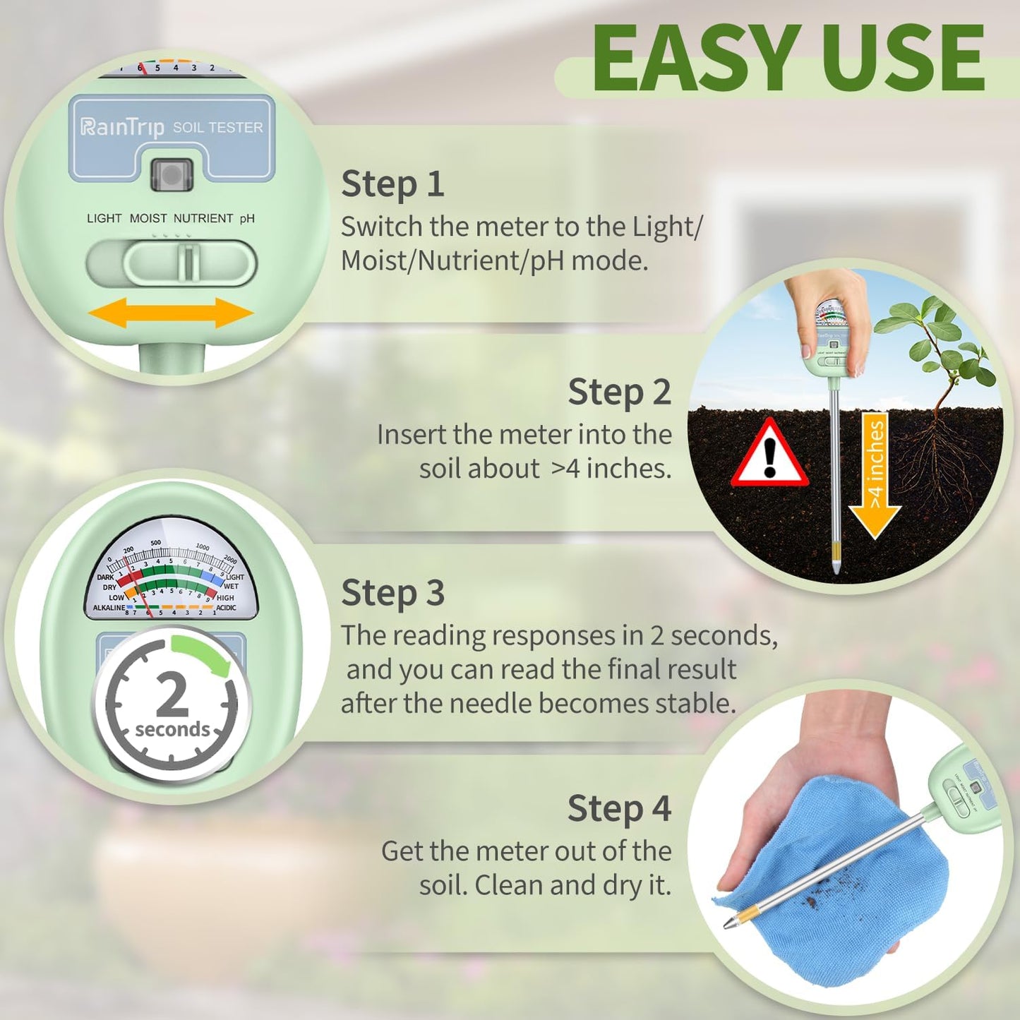 Soil Moisture Meter - 4-in-1 Soil pH Tester | Measure Moisture, Light, Nutrients & pH - Perfect for Gardeners