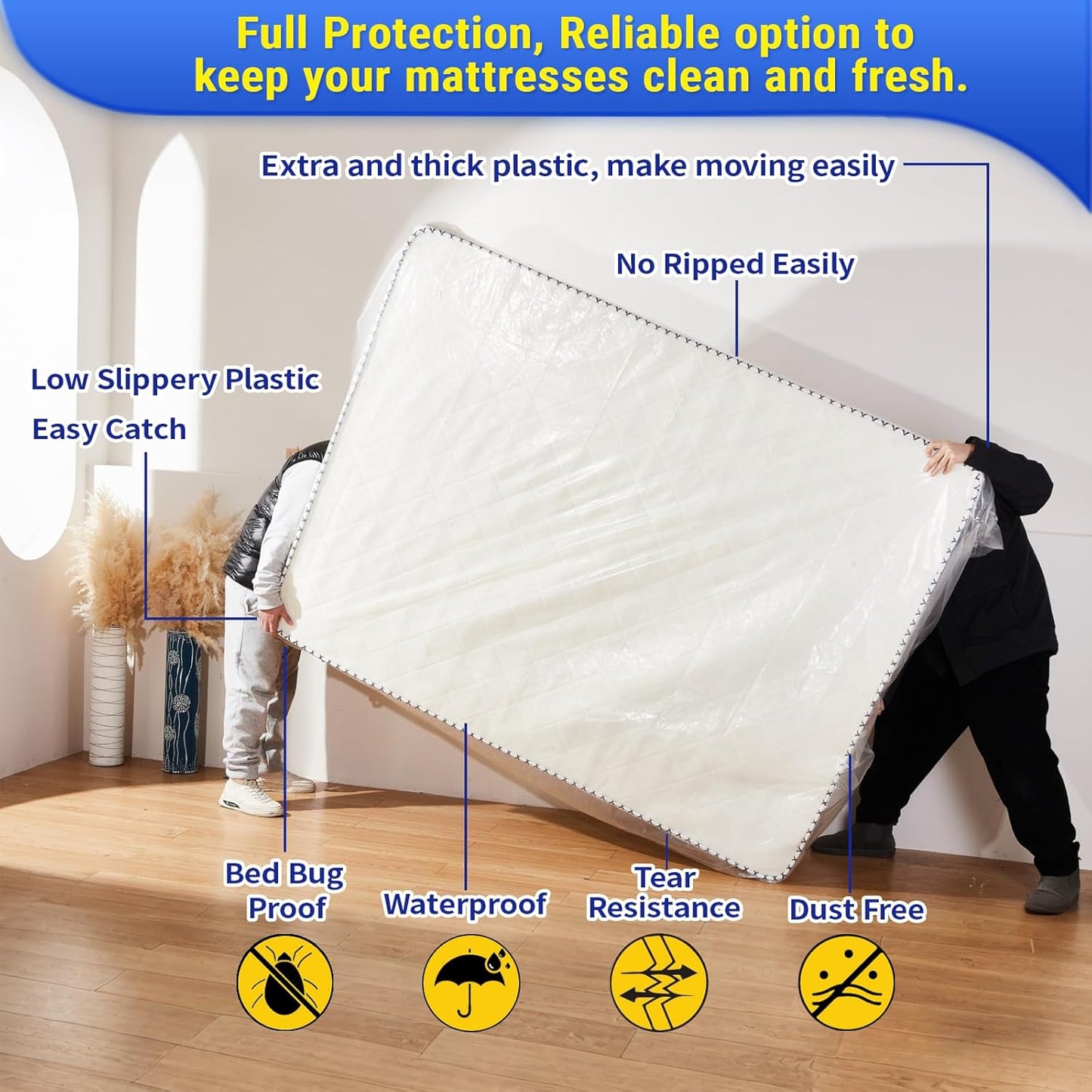 Skiennix Queen Mattress Bags - Waterproof Plastic Covers for Moving & Storage | 100 x 64 x 15 Inches (2 Pack)