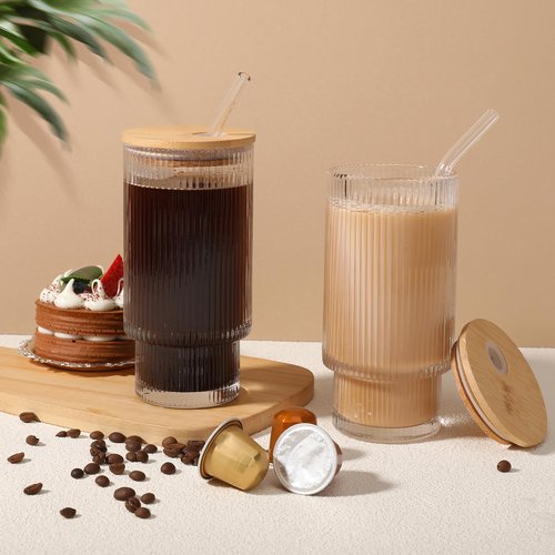 AiMQnLe Glass Cups with Bamboo Lids and Straws - 16 oz Reusable Iced Coffee Cups, Vintage Ribbed Drinking Glasses, To Go Tumbler for Juice, Beer, Coffee, Milk, Cocktail, Water (2 Pack)