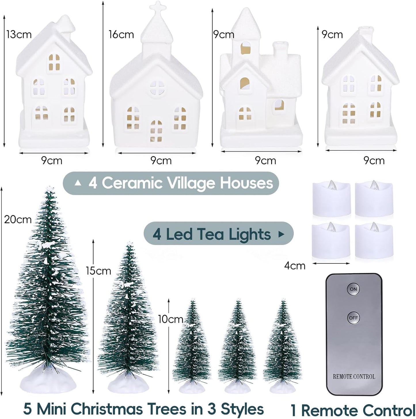 Regine Switzerland Light Up Christmas Village Set - 4 Ceramic Houses & 5 Xmas Trees | Winter White Decor