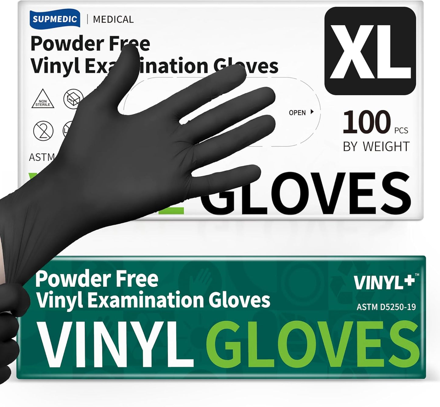 Supmedic Vinyl Disposable Exam Gloves - Black 4Mil, Powder-Free & Latex-Free | Medical & Food Safe (100/1000 Ct)