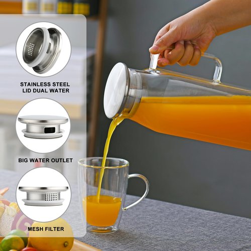 1.8-liter glass water bottle with lid, 60 ounce heat-resistant glass water bottle for refrigerator, with handle, suitable for parties and families. Used for tea, coffee, lemonade, juice, etc