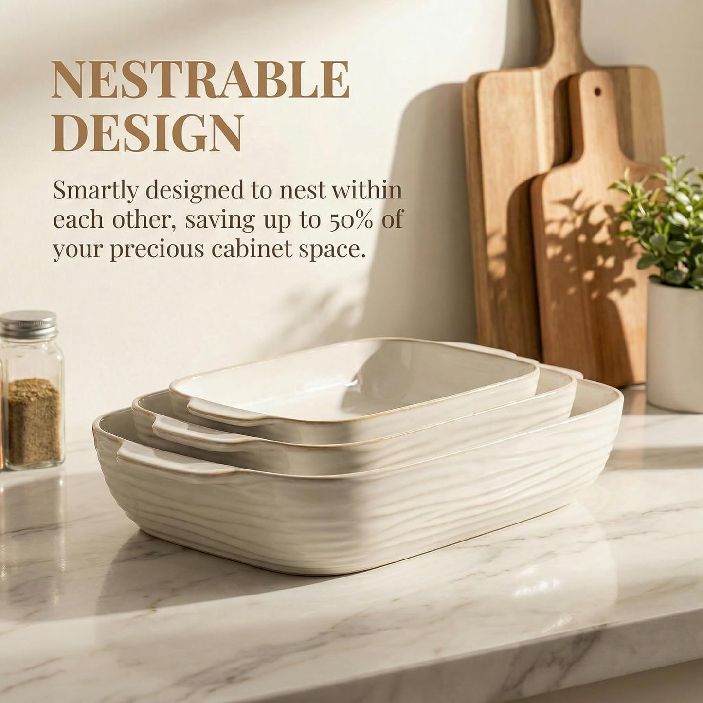 Regine Switzerland Baking Dish Set - Ceramic Casserole Dishes for Oven | 3 Rectangular Sizes in Arctic White