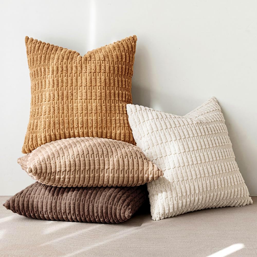 MIULEE Pack of 4 Neutral Corduroy Decorative Throw Pillow Covers 18x18 Inch for Sofa Living Room Couch Bed Rustic Farmhouse Boho Soft Striped Pillow Covers Home Decor Brown