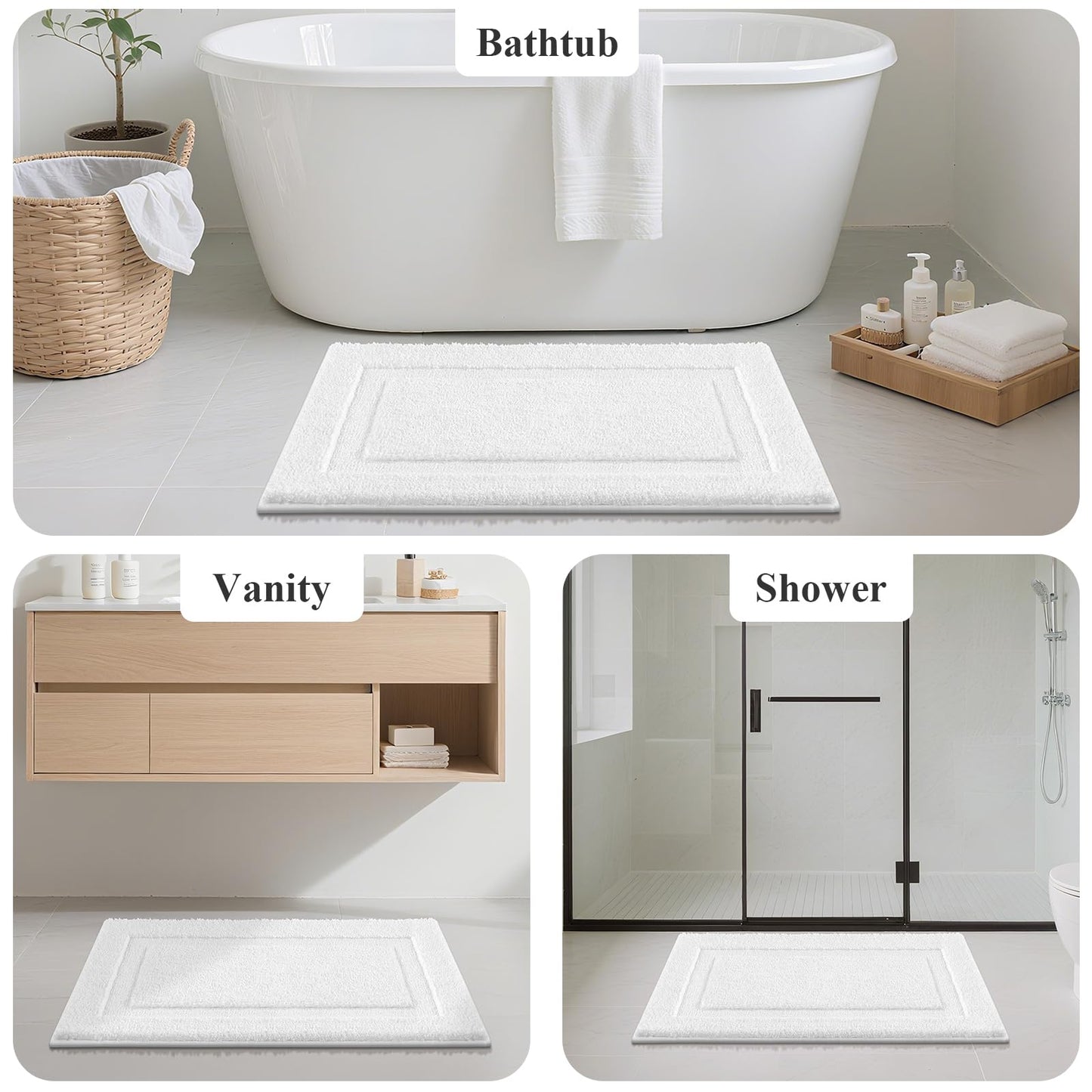 SHACOS White Bathroom Rugs Sets 3 Piece, 16"x24" + 20"x32" Non Slip Bath Mat and 20"x24" Toilet Rugs U Shaped Washable, Soft Fluffy Water Absorbent Bath Rugs for Bathroom