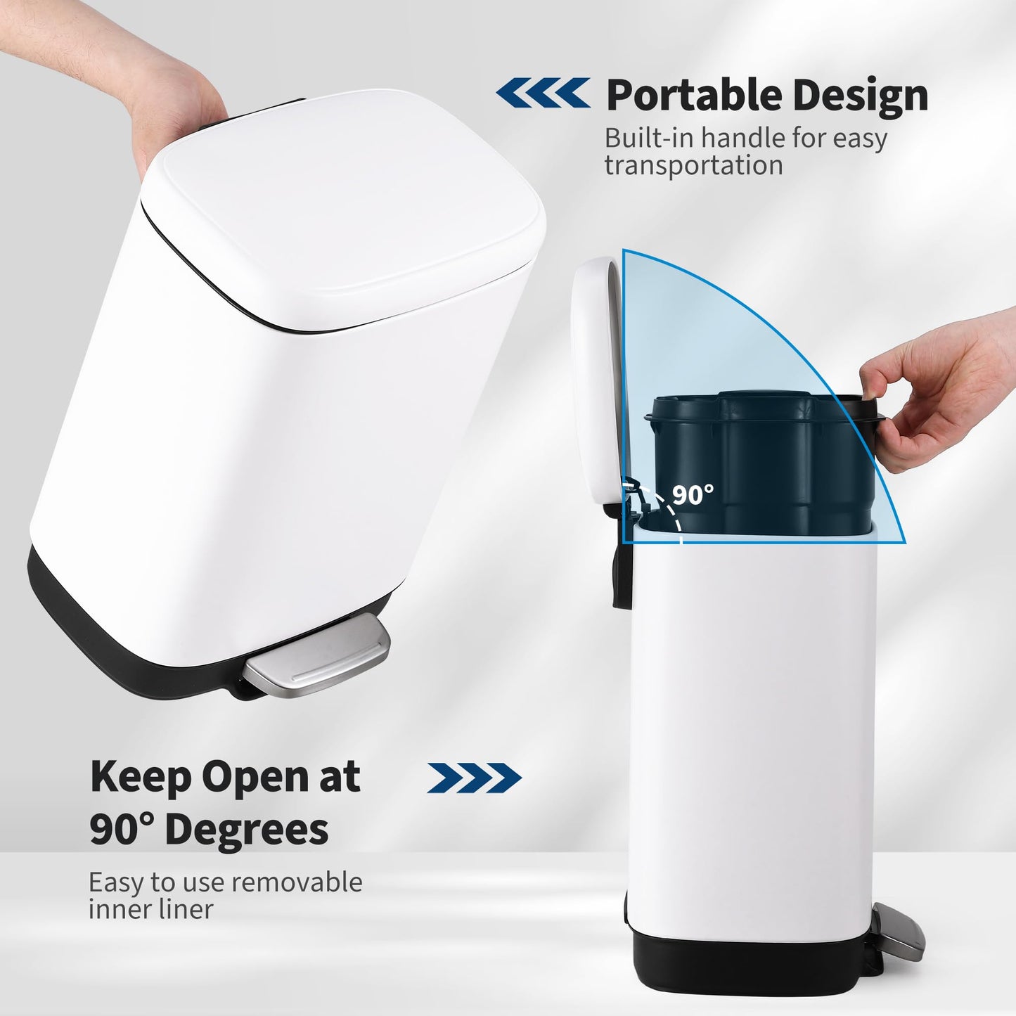 Stainless Steel Trash Can, 3.2 Gallon Lid, Soft Closing Pedal, Fingerprint Resistant, Durable, Suitable for Kitchen Bathroom Trash Can,White