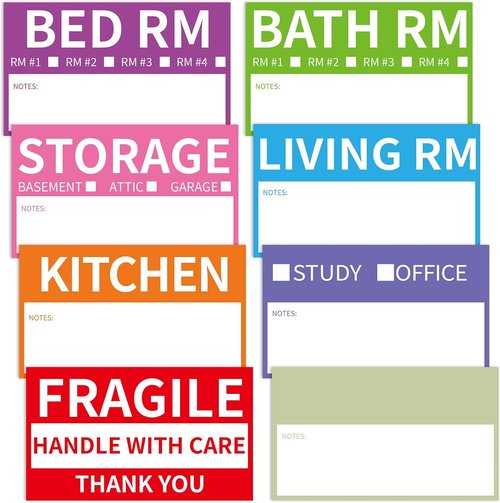 340 Home Moving Labels - Color-Coded Packing Box Stickers with Fragile & Customizable Options | 3.4 x 2 Inches