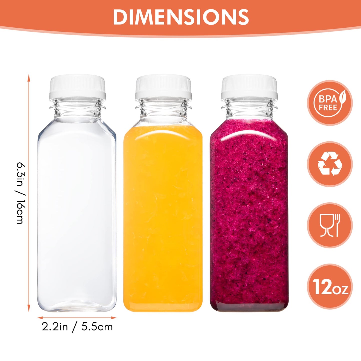 Norcalway Plastic Juice Bottles with Caps, Reusable Juicing Bottles, Clear Drink Containers with Lids for Juicing, Smoothie and Other Beverages - 12oz 6pcs