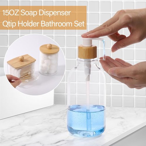 Bamboo Bathroom Accessories Set - 4-Piece Collection with Clear Toothbrush Holder & Soap Dispenser