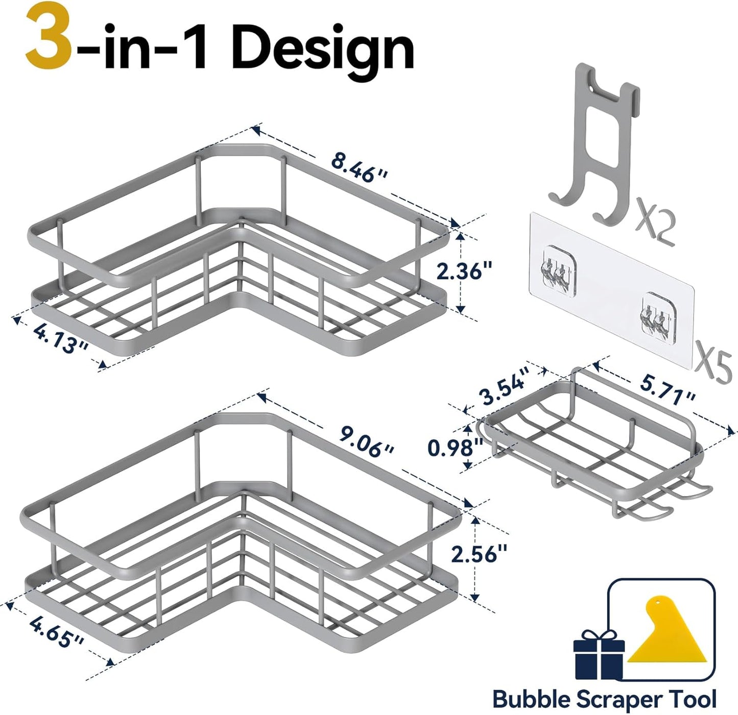 YASONIC Shower Caddy - 3-Pack Rustproof Stainless Steel Corner Shelves with Soap Holder | No Drilling, Grey