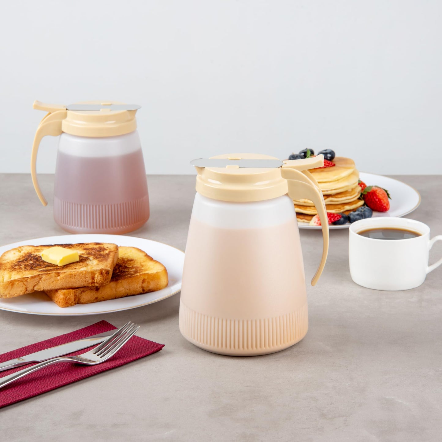 Restaurantware-Chef 101 48 Ounce All Purpose Syrup Dispenser, 1 Honey Dispenser - Beige Top, Stainless Steel Slide Cover, Plastic Pancake Syrup Bottle, Perfect For Diners, Restaurants, Home