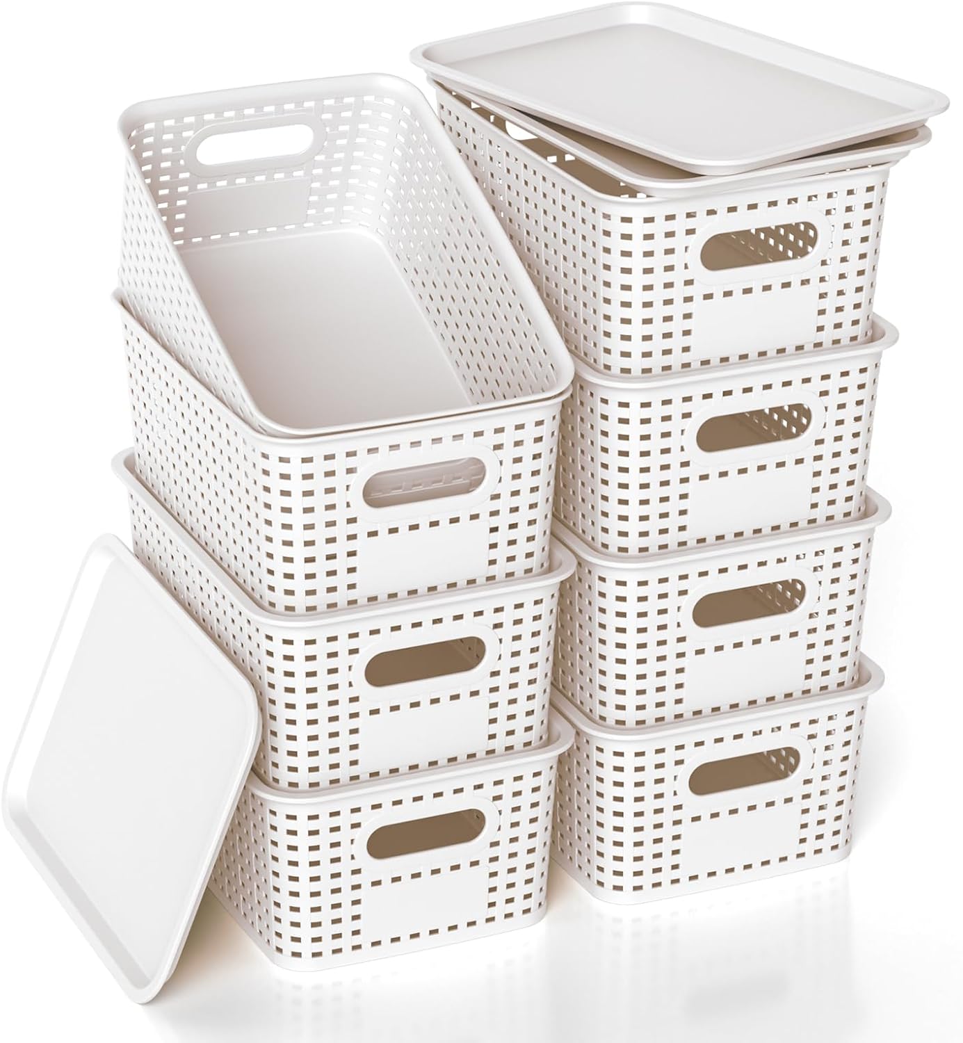 Skiennix Plastic Storage Basket - Stackable Organizing Bins with Lid | 8 Pack, 10.2x7.2x4.1 Inch, White