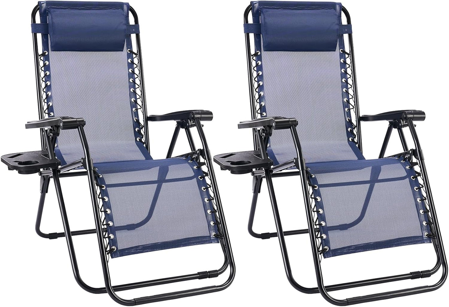 Sweetcrispy Zero Gravity Chairs - Set of 2 Outdoor Folding Reclining Lounge Chairs with Cup Holder & Adjustable Pillow - Classic Blue