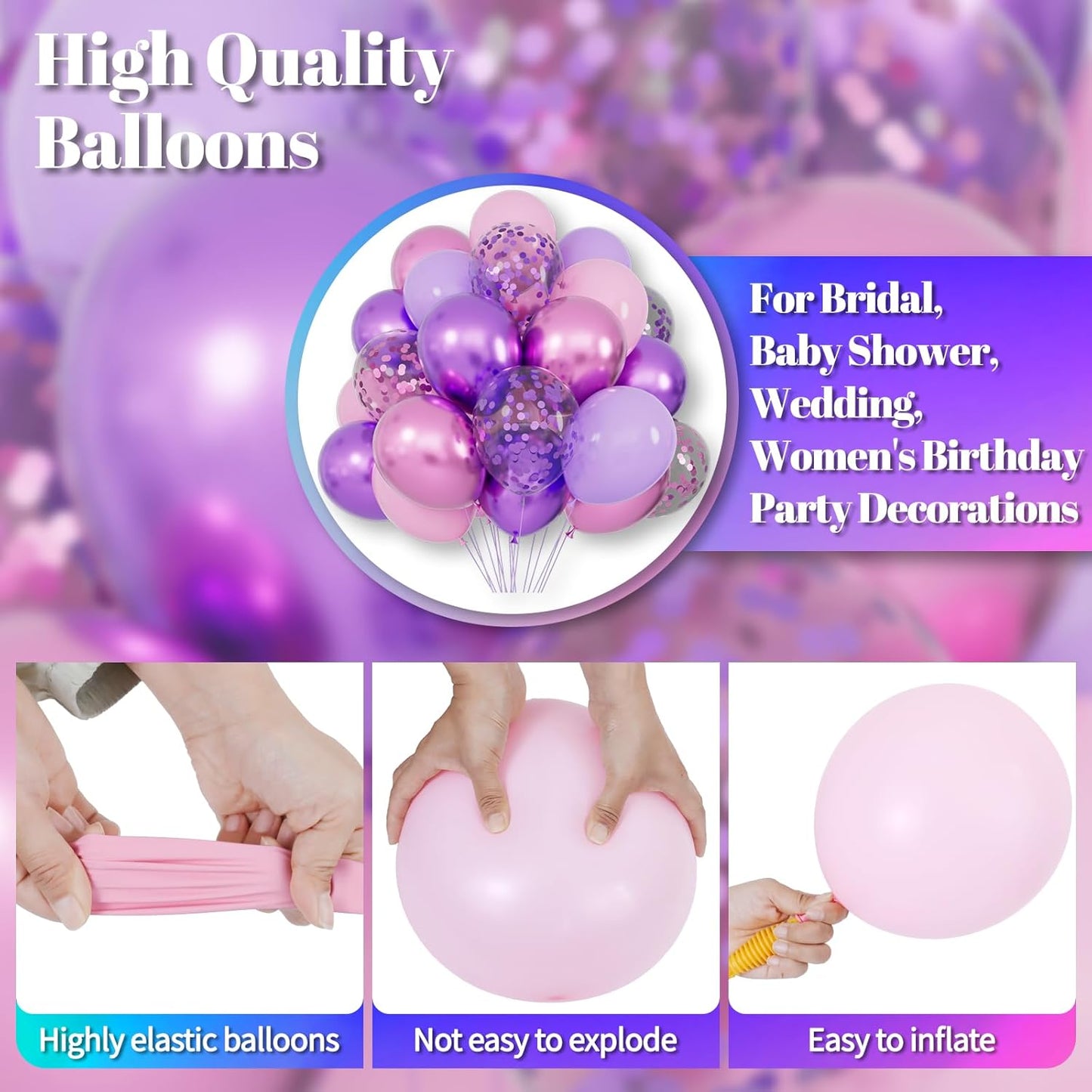 KAWKALSH 68pcs Metallic Pink & Purple Balloons - 12 Inch Confetti Latex for Girls' Birthday & Baby Shower Decor