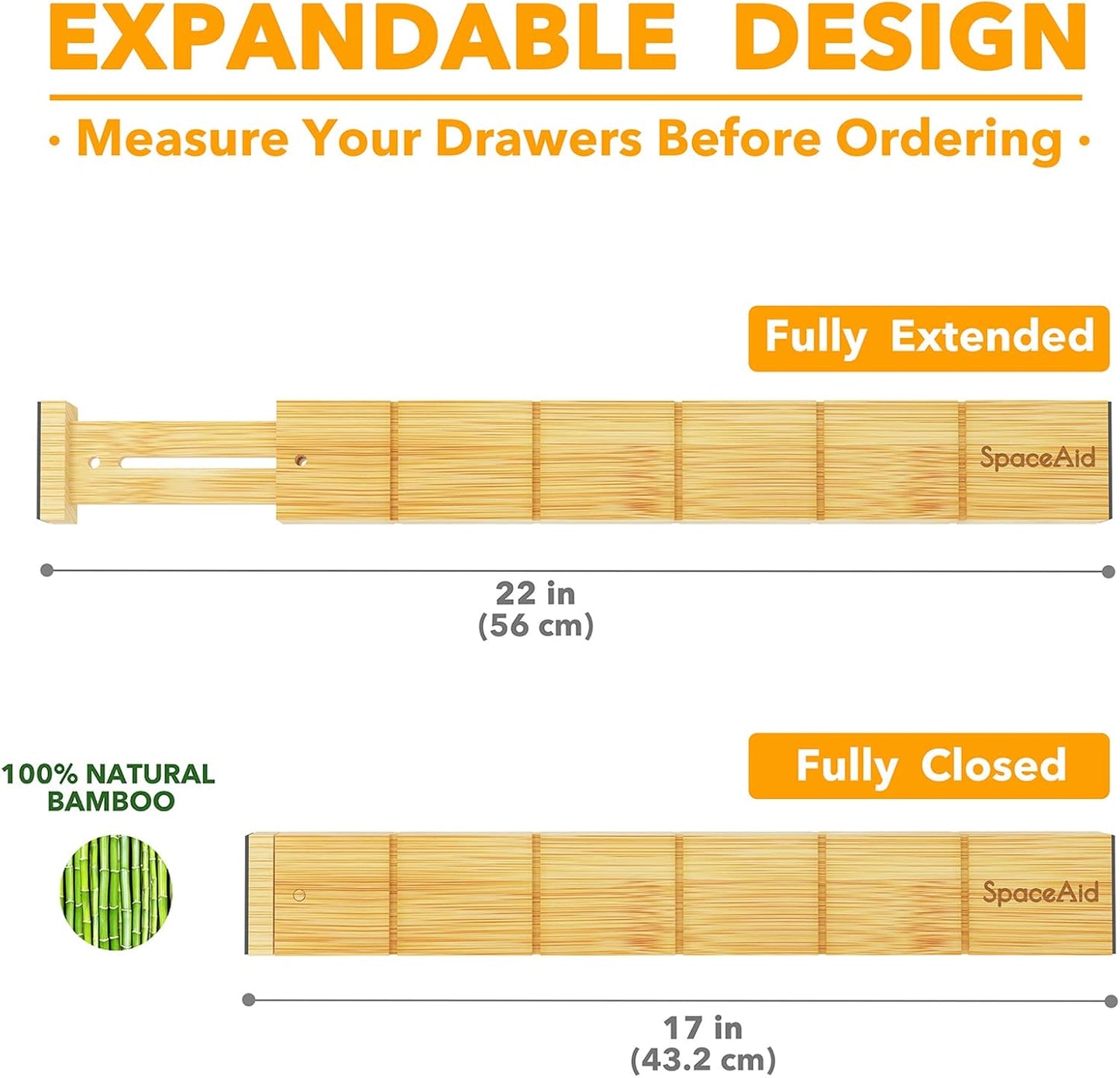 SpaceAid Bamboo Drawer Dividers - Adjustable Kitchen Organizers with Inserts & Labels | 4 Dividers (17"-22") Natural