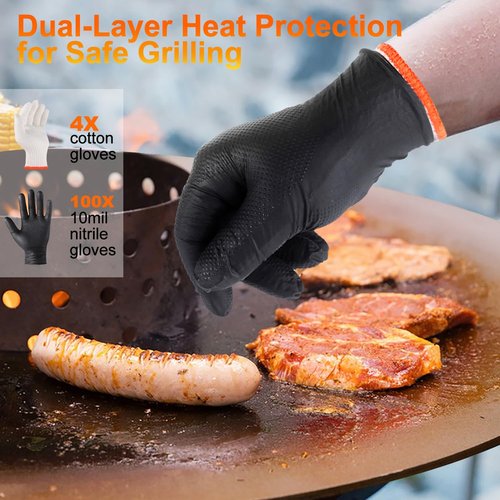 ANBOSON BBQ Gloves - Disposable Nitrile Cooking & Grilling Gloves with Washable Cotton Liners | X-Large, 100 Count