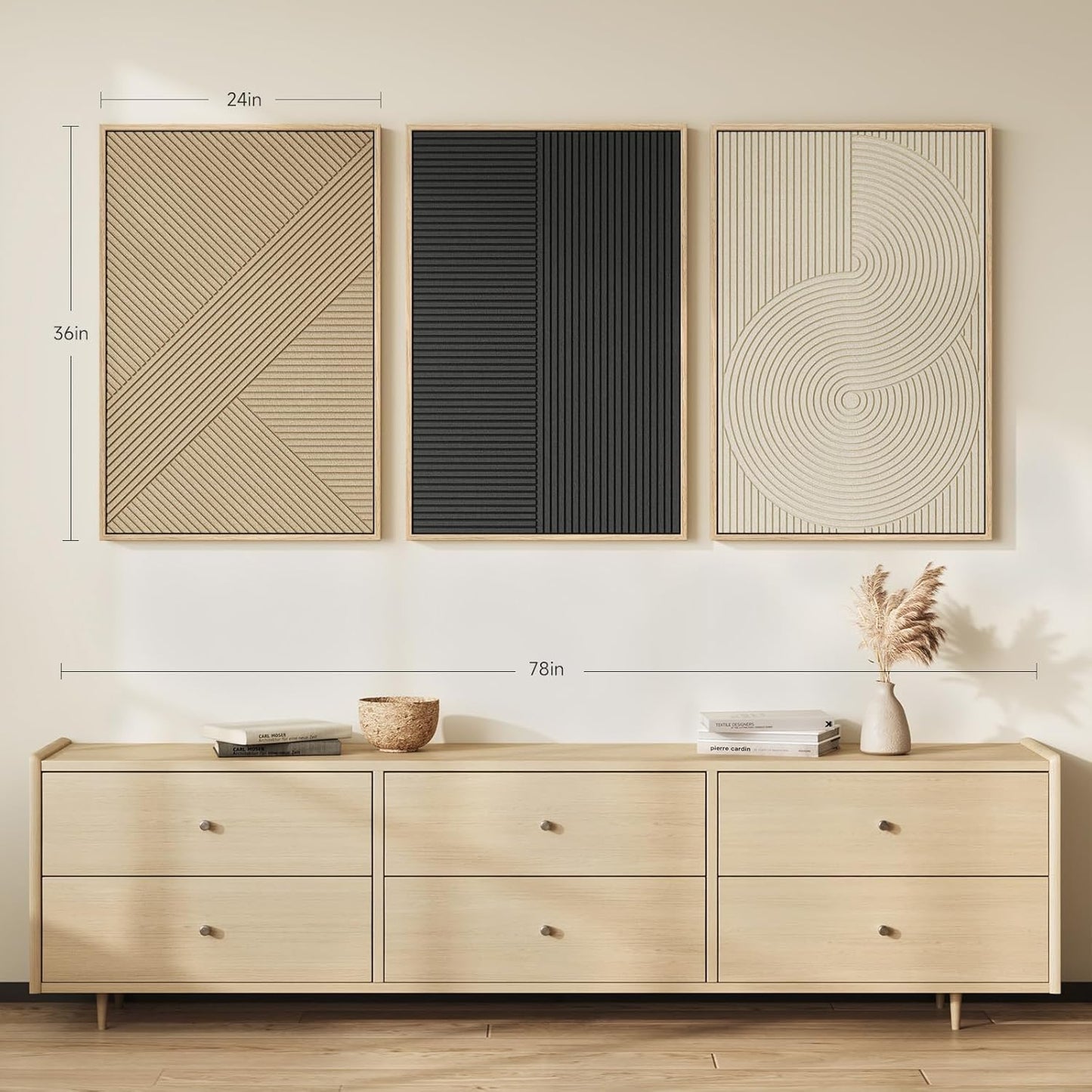 Skiennix 3D Textured Boho Abstract Wall Art - Large 3 Piece Modern Neutral Minimalist Prints | Black & Beige Geometric Design | 24x36 In