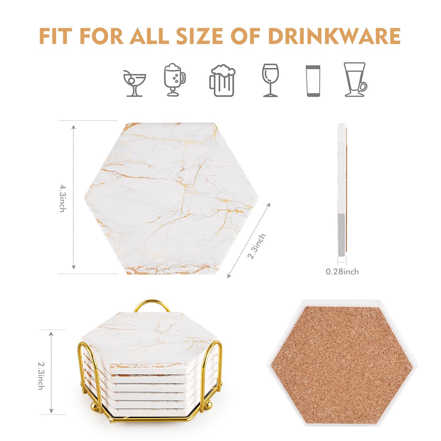 Marble Coasters for Drinks Absorbent with Cork Base, 6pcs Drink Coasters for Wooden Table with Metal Holder, Gold Ceramic Cup Coaster Set Home Decor for Housewarming
