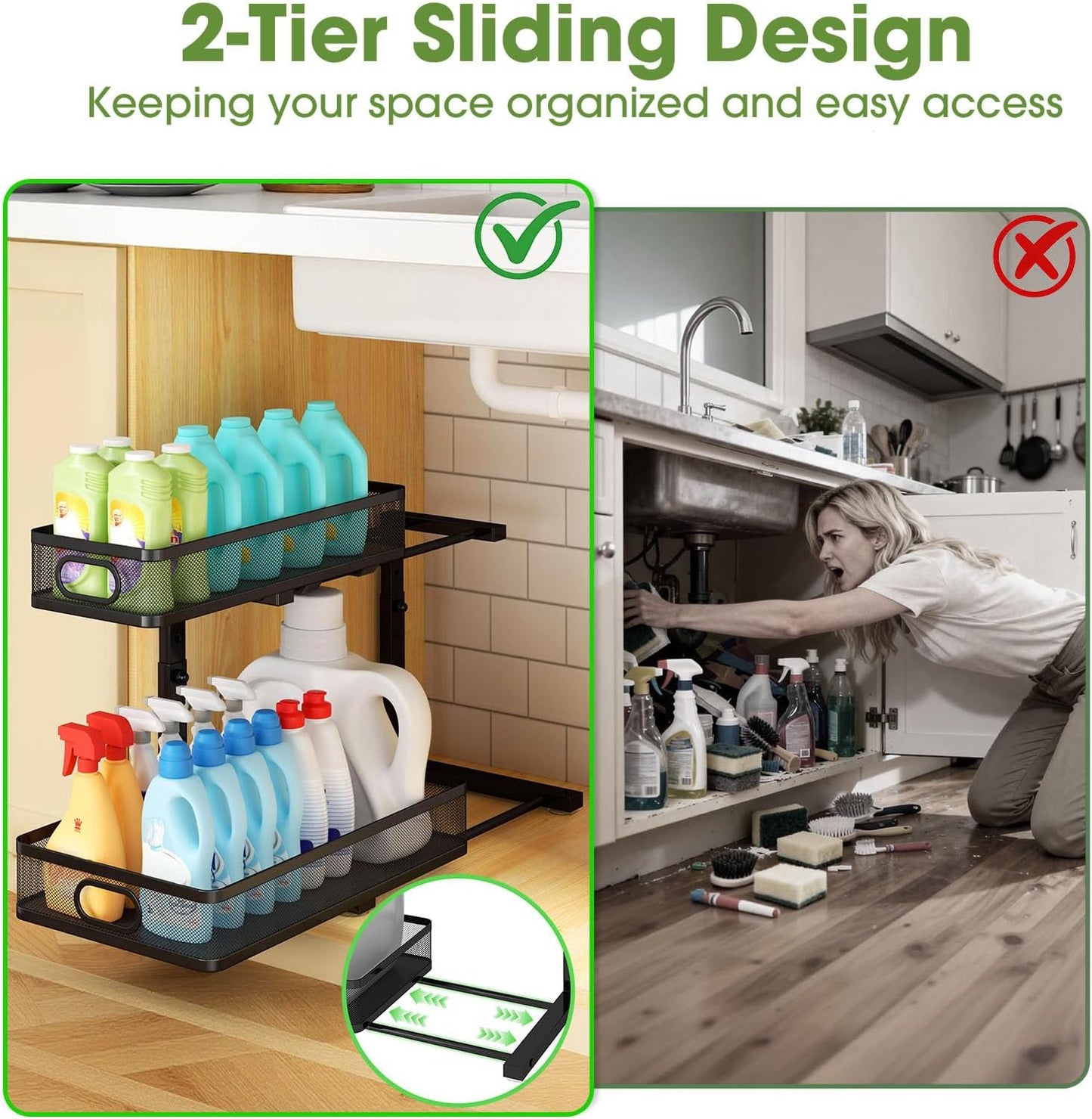Under Sink Organizer by [Brand Name] - 2-Tier Metal Pull-Out Cabinet Shelf with Adjustable Height | Space-Saving Storage for Kitchen & Bathroom