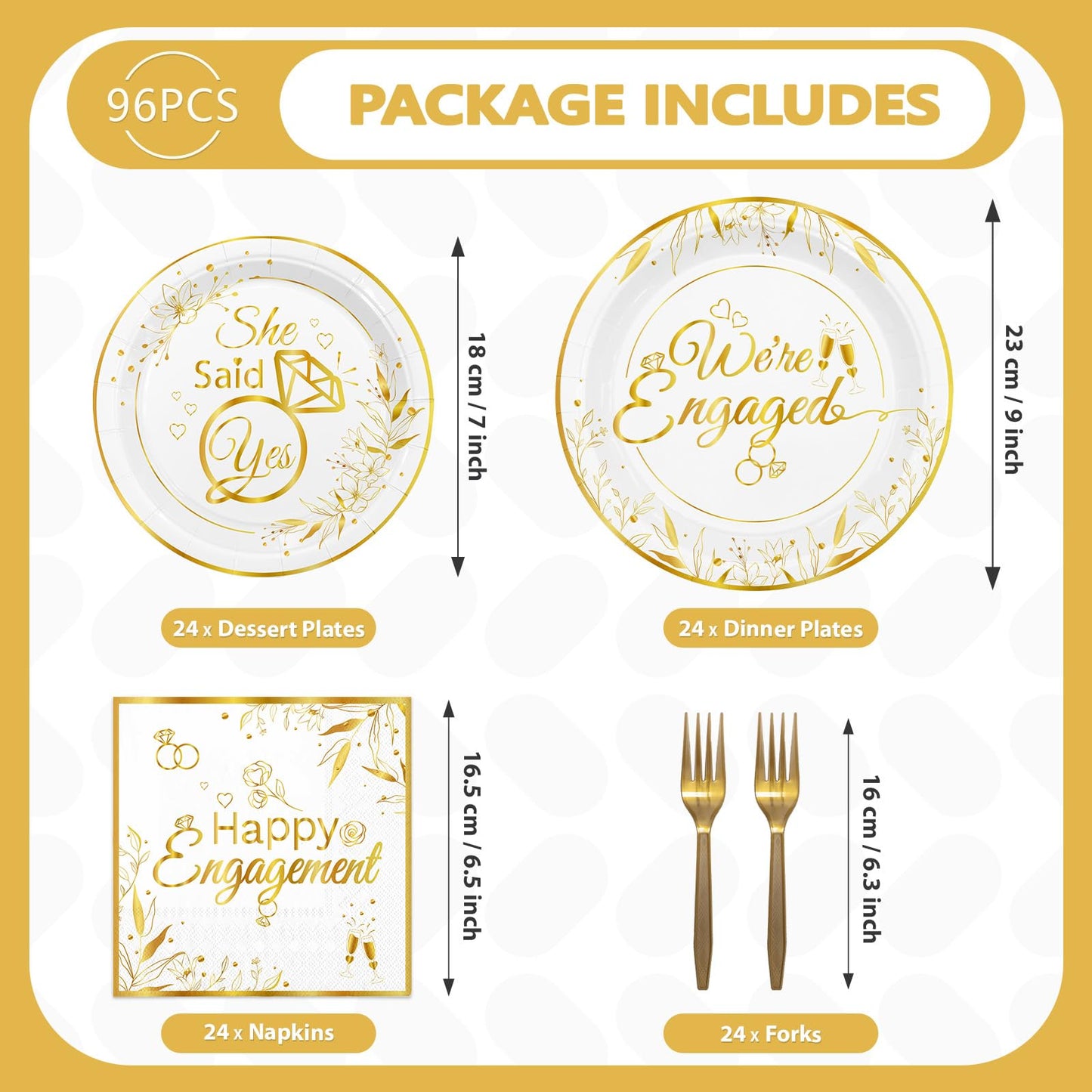 Grencian 96Pcs Happy Engagement Party Supplies White Gold Diamond Ring Plates Napkins She Said Yes Party Disposable Dinnerware for Wedding Bridal Shower Just Engaged Decoration Serve 24