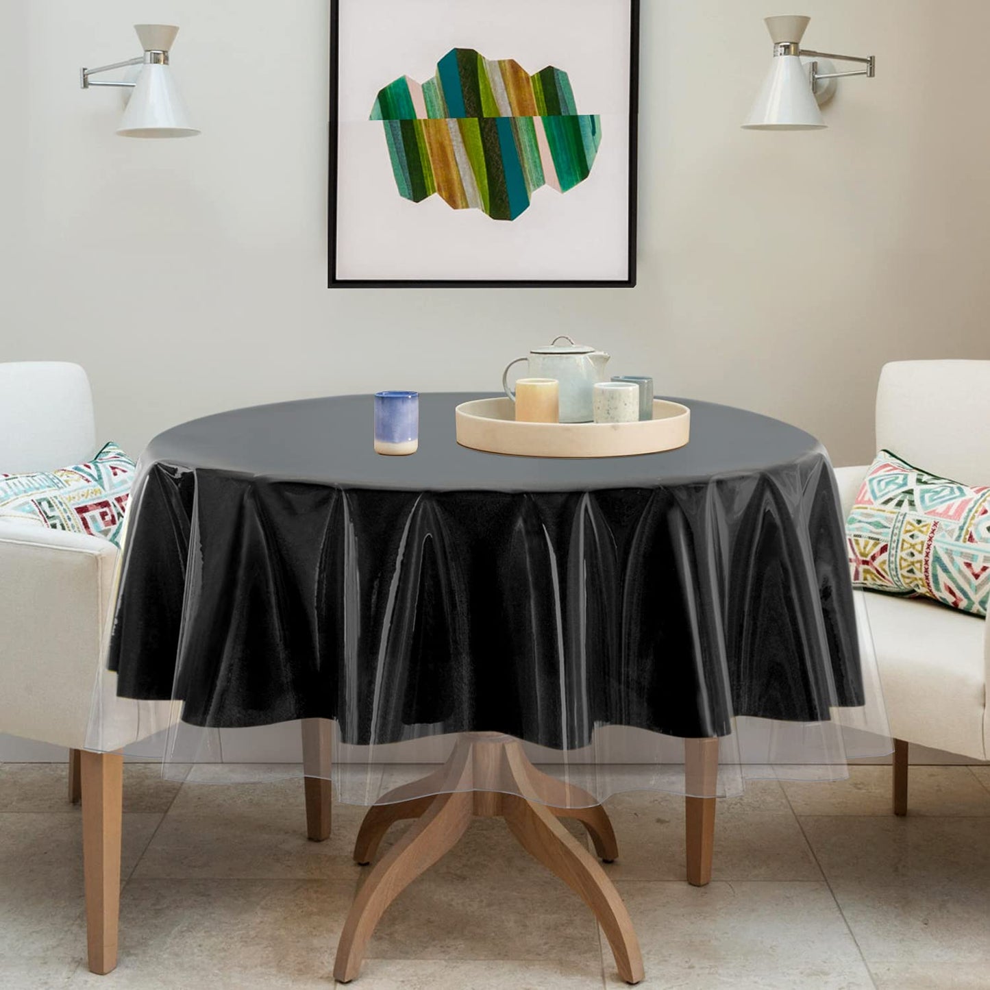 sancua Clear Plastic 100% Waterproof Round Tablecloth - 54 Inch - Vinyl PVC Table Cloth Protector Oil Spill Proof Wipe Clean Table Cover for Dining Tables, Parties & Camping, Crystal Clear