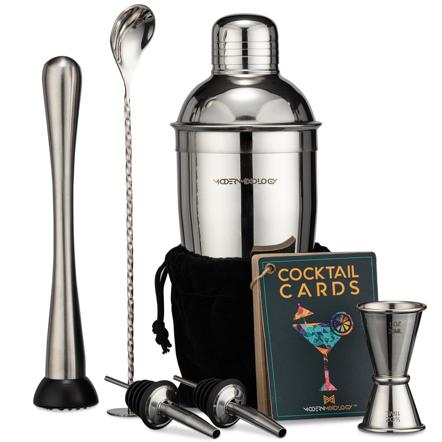 Modern Mixology 8-Piece Cocktail Shaker Set with Velvet Bag | Complete Kit for Bartenders | Includes Shaker with Strainer, Jigger, Muddler, Spoon, Pourers | Travel Bar Essentials (Silver)